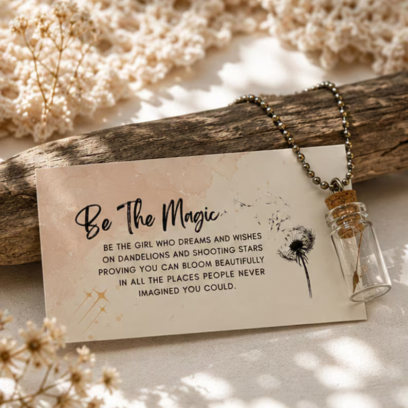 Dandelion Wish Bottle Necklace, Botanical Jewelry Gift