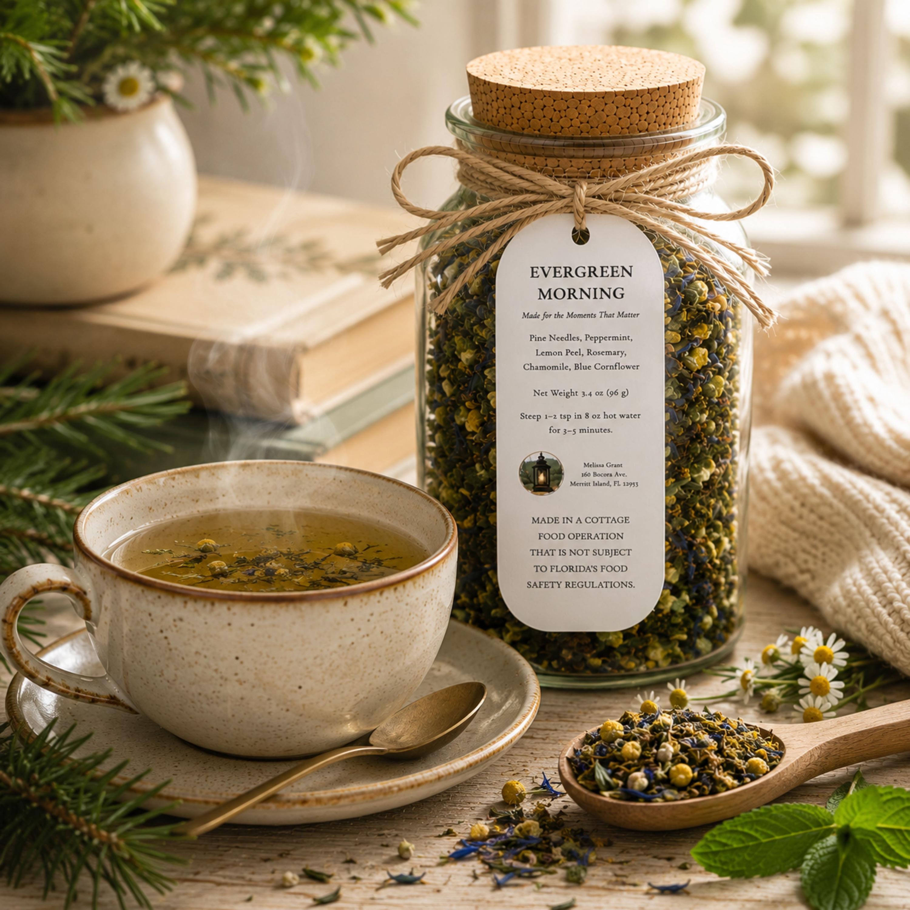 Evergreen Morning Green Tea, Citrus Mint Botanical Blend, Refreshing Loose Leaf Beverage Infusion