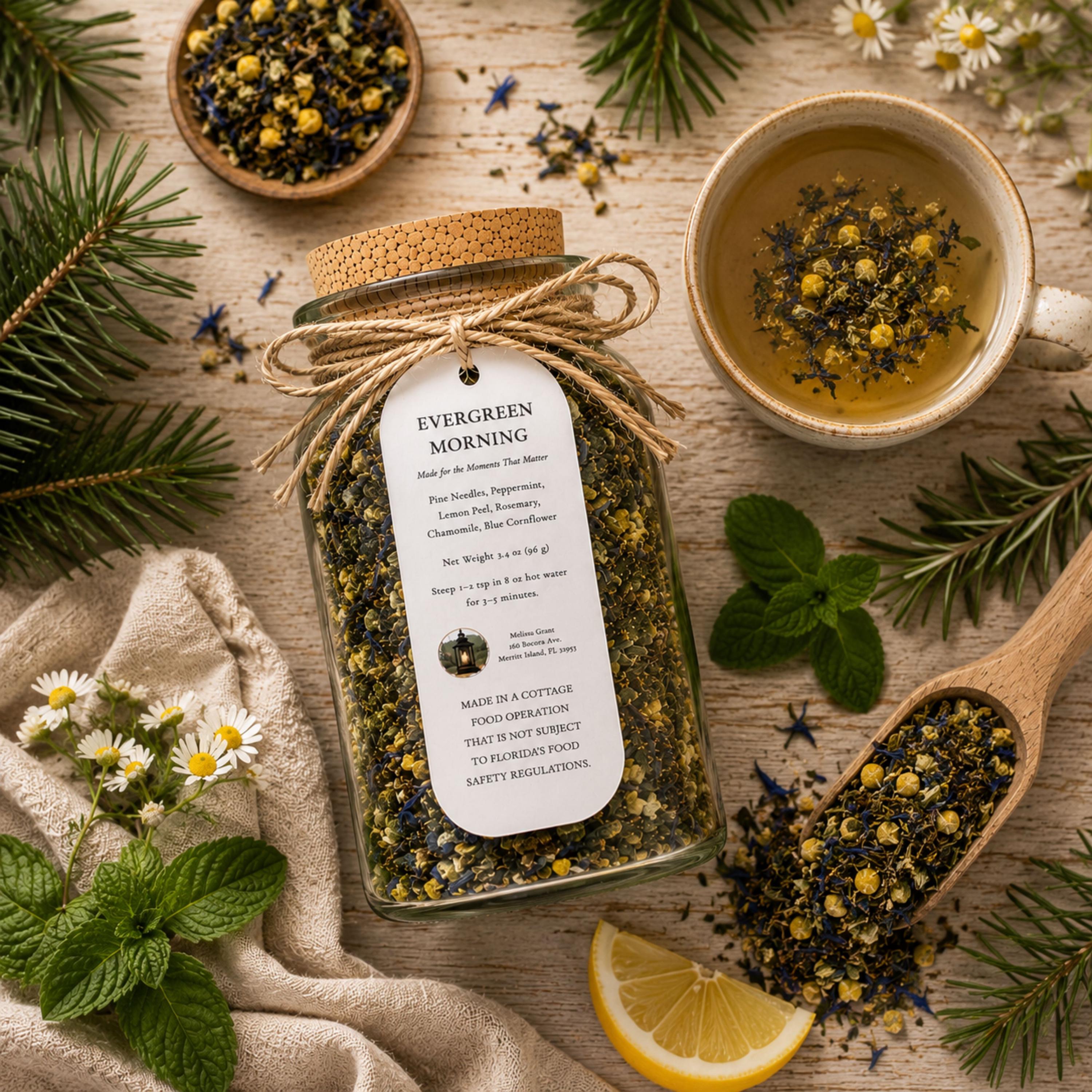 Evergreen Morning Green Tea, Citrus Mint Botanical Blend, Refreshing Loose Leaf Beverage Infusion