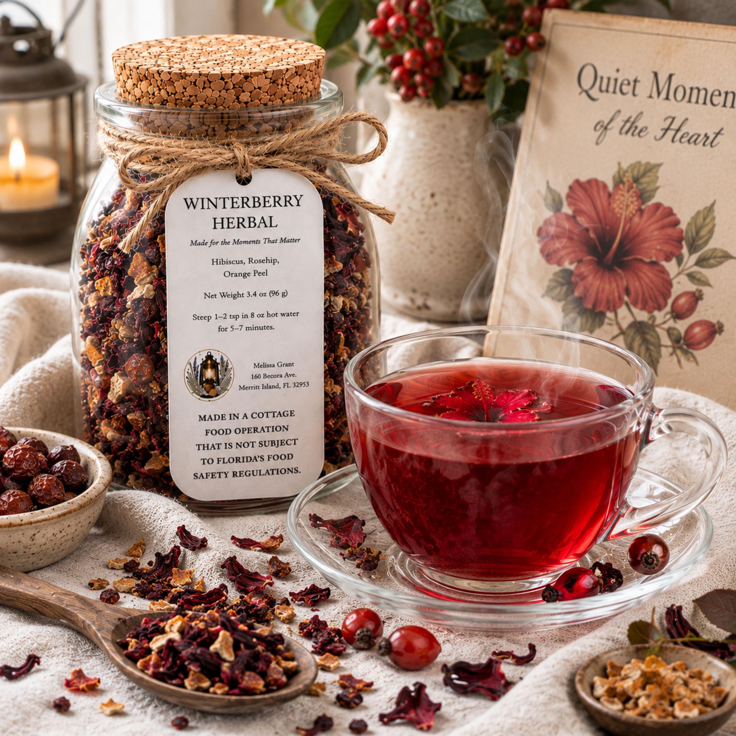 Winterberry Herbal Rooibos Tea, Hibiscus Rosehip Citrus Blend, Loose Leaf Drink Infusion, Caffeine Free