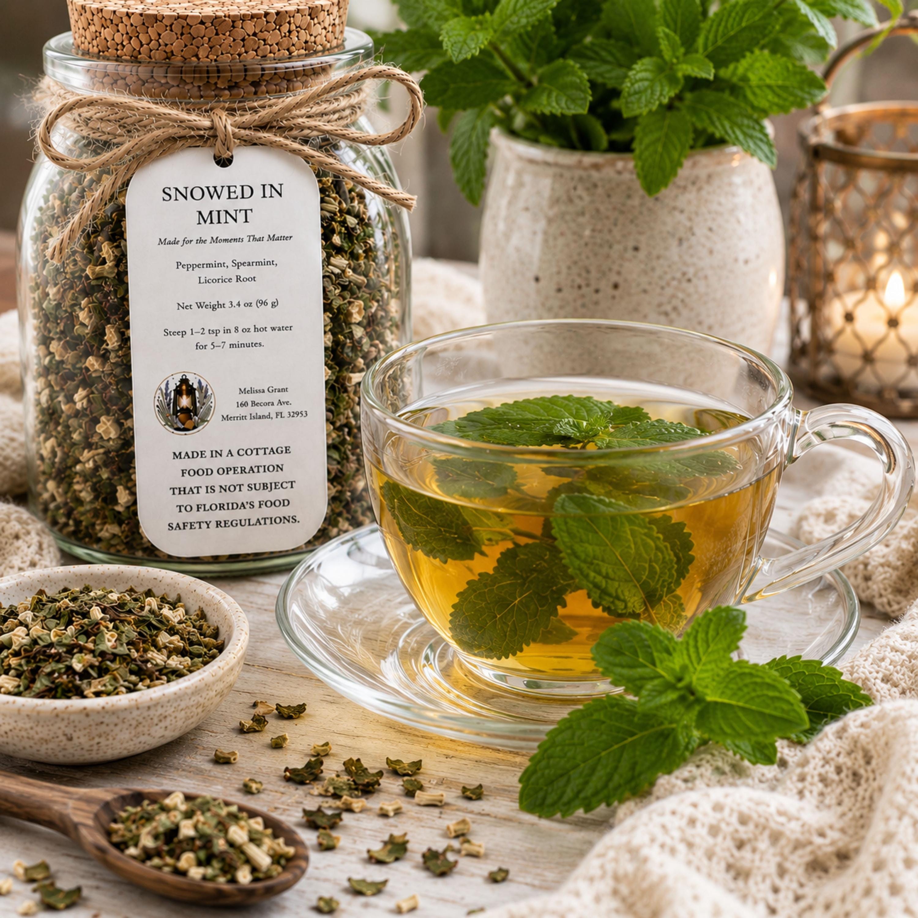 Snowed In Mint Herbal Tea, Peppermint Spearmint Blend, Loose Leaf Herbal Infusion, Caffeine Free