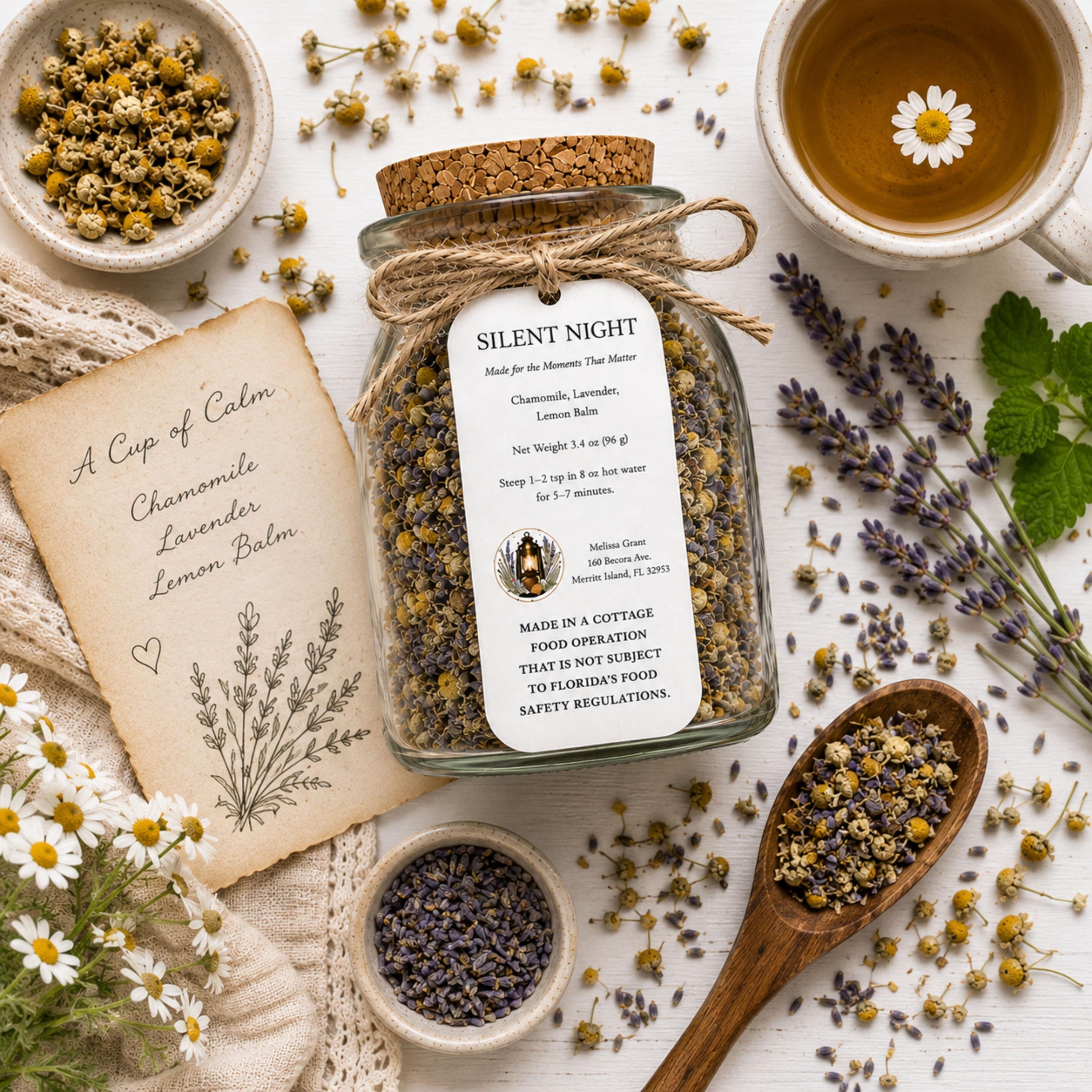 Silent Night Herbal Tea, Chamomile Lavender Blend, Loose Leaf Herbal Infusion, Naturally Caffeine Free
