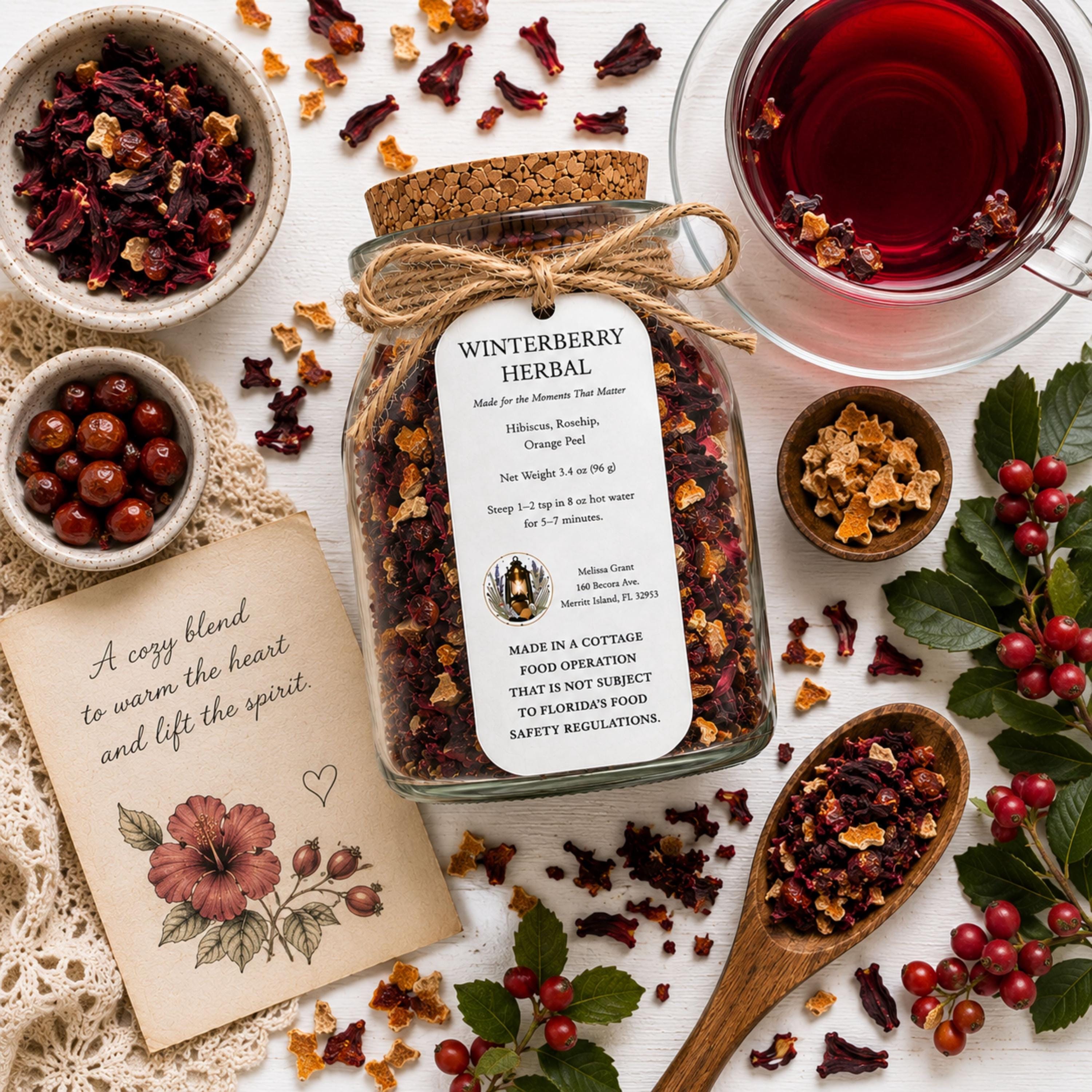 Winterberry Herbal Rooibos Tea, Hibiscus Rosehip Citrus Blend, Loose Leaf Drink Infusion, Caffeine Free