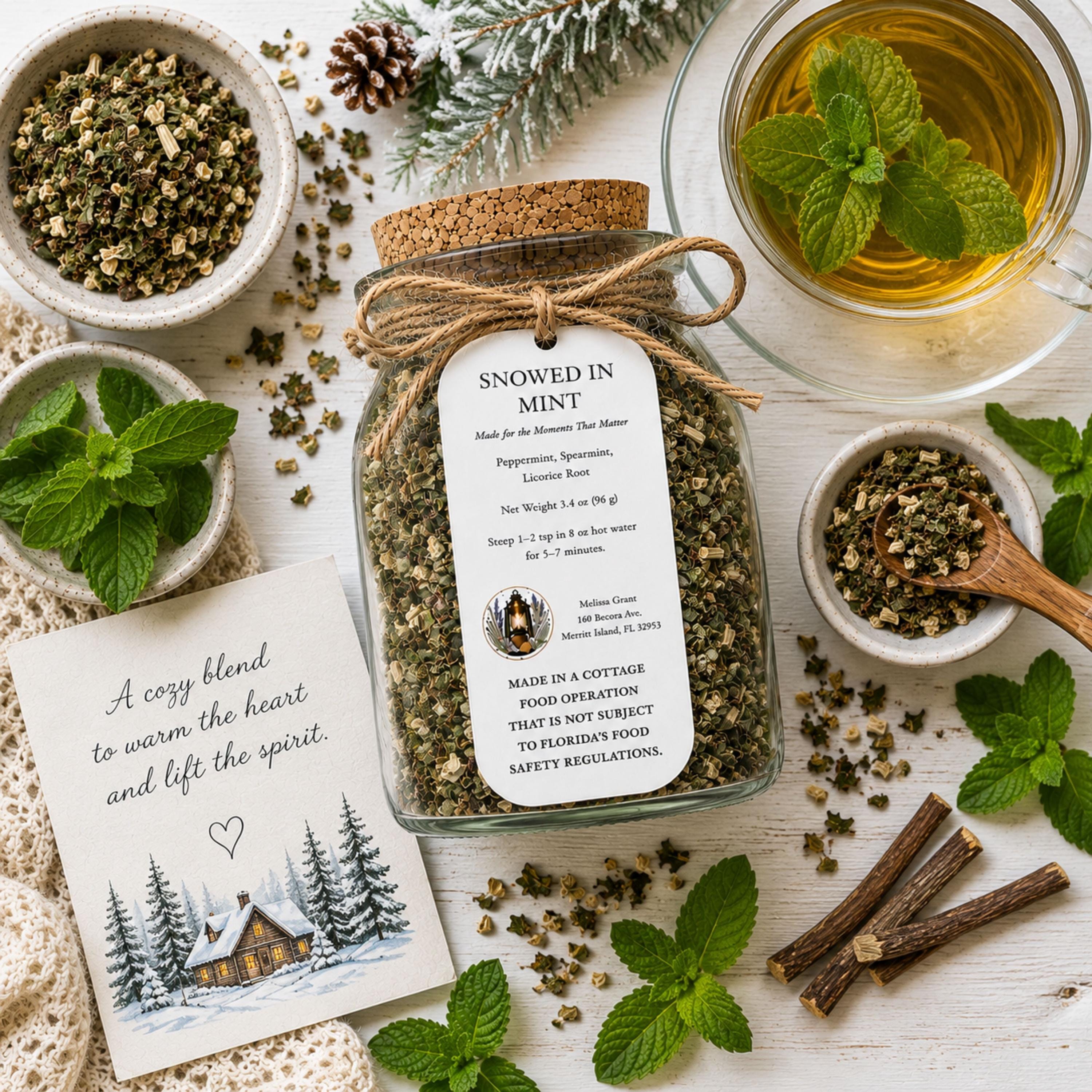 Snowed In Mint Herbal Tea, Peppermint Spearmint Blend, Loose Leaf Herbal Infusion, Caffeine Free