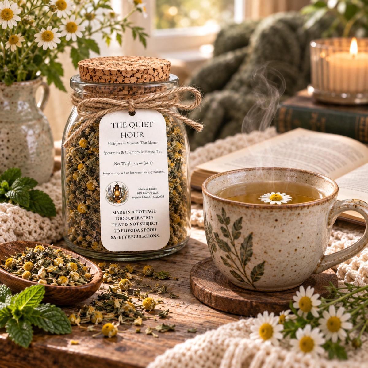 Spearmint Chamomile Herbal Tea, The Quiet Hour Slow Living Blend, Loose Leaf Caffeine Free Tea
