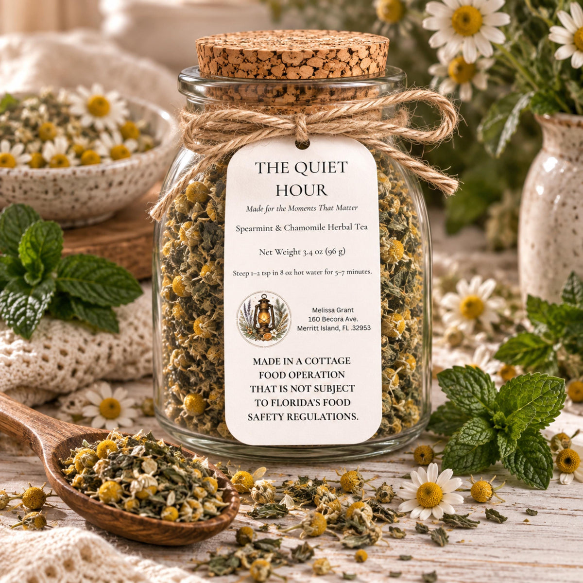 Spearmint Chamomile Herbal Tea, The Quiet Hour Slow Living Blend, Loose Leaf Caffeine Free Tea
