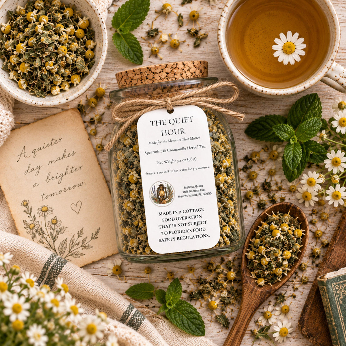 Spearmint Chamomile Herbal Tea, The Quiet Hour Slow Living Blend, Loose Leaf Caffeine Free Tea