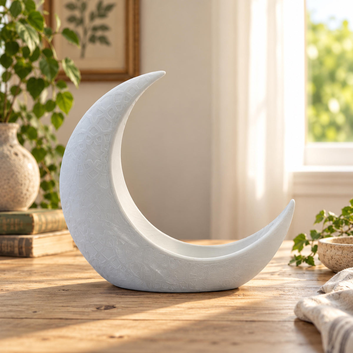 Crescent Moon Planter, White Celestial Decor, 3D Printed Botanical Propagation Keepsake Holder