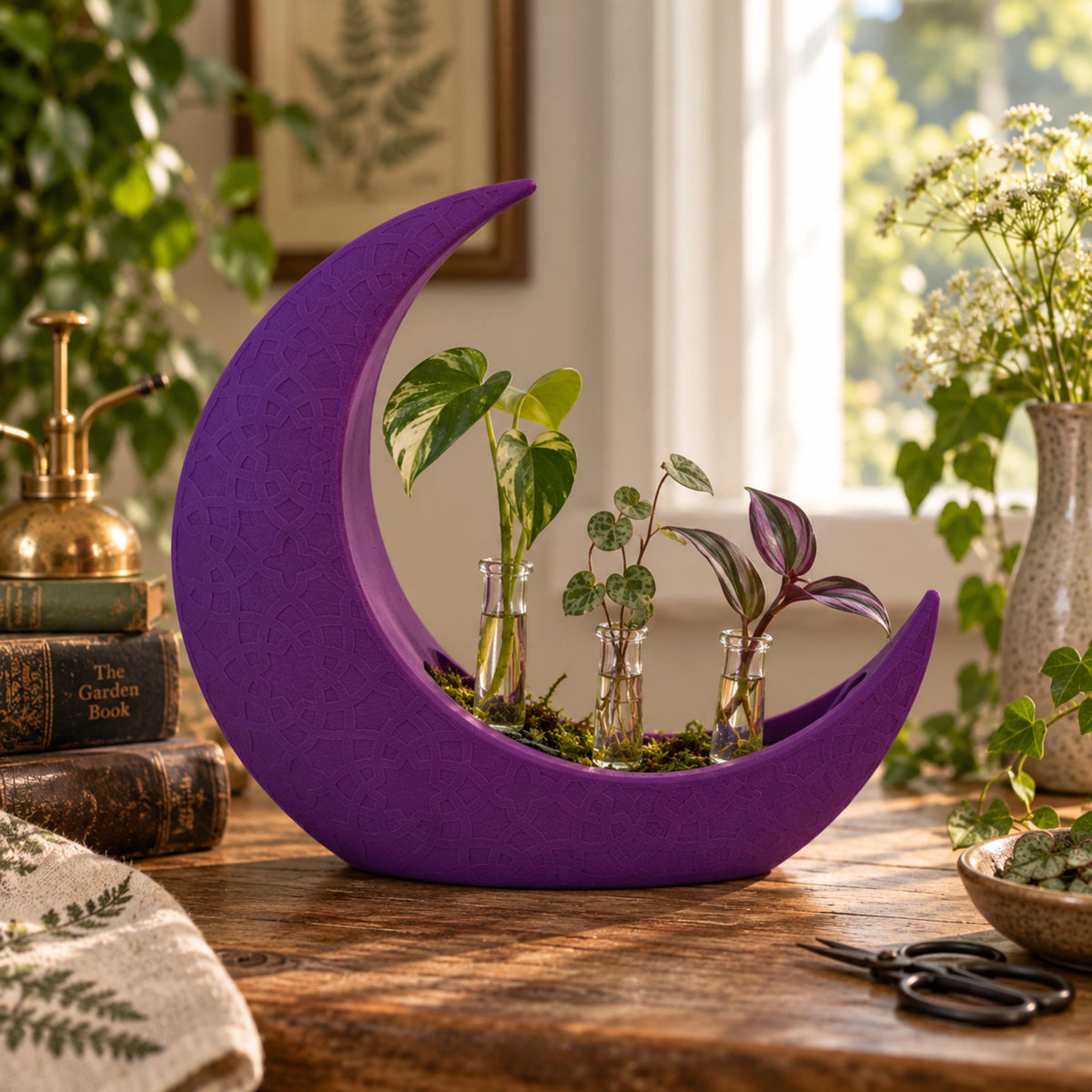 Purple Crescent Moon Decorative Vessel, Celestial Home Decor, Botanical Keepsake Holder, 3D Printed Moon