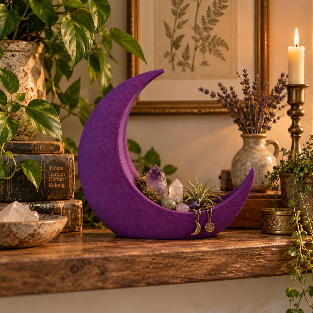Purple Crescent Moon Decorative Vessel, Celestial Home Decor, Botanical Keepsake Holder, 3D Printed Moon