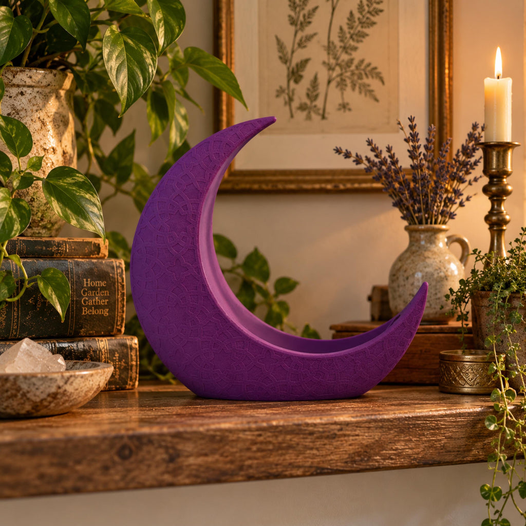 Purple Crescent Moon Decorative Vessel, Celestial Home Decor, Botanical Keepsake Holder, 3D Printed Moon