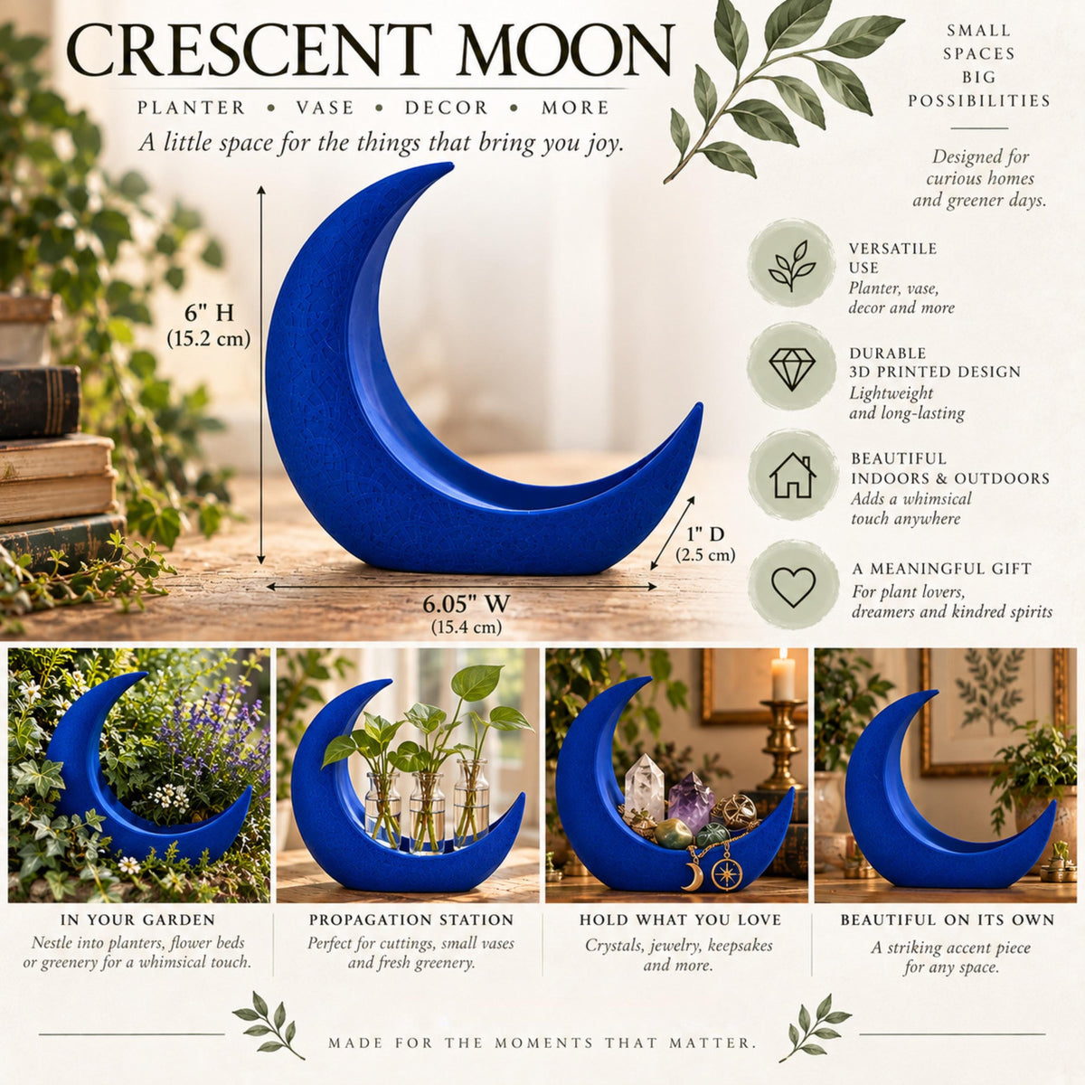 Blue Crescent Moon Propagation Holder, Botanical Plant Decor, Celestial Planter, 3D Printed Keepsake Gift