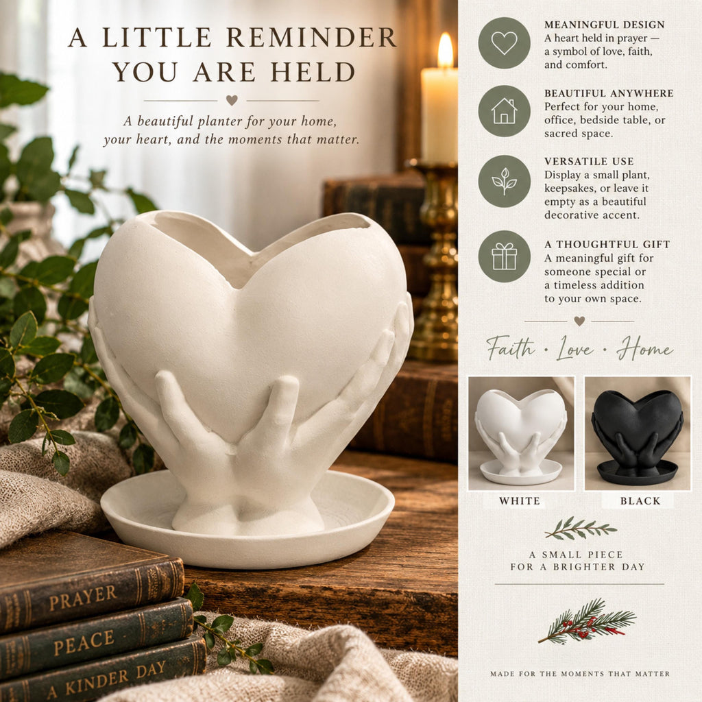 Small White Heart Plant Pot, Hands Holding Heart Planter, 3D Printed Keepsake Holder Gift