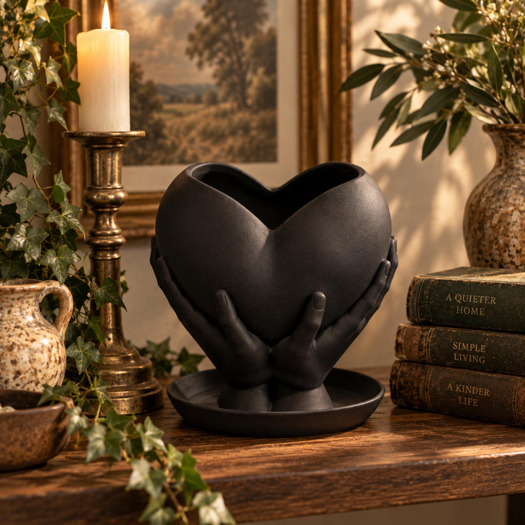 Black Heart Keepsake Holder with Hands, Small Planter with Drainage, Meaningful 3D Printed Gift