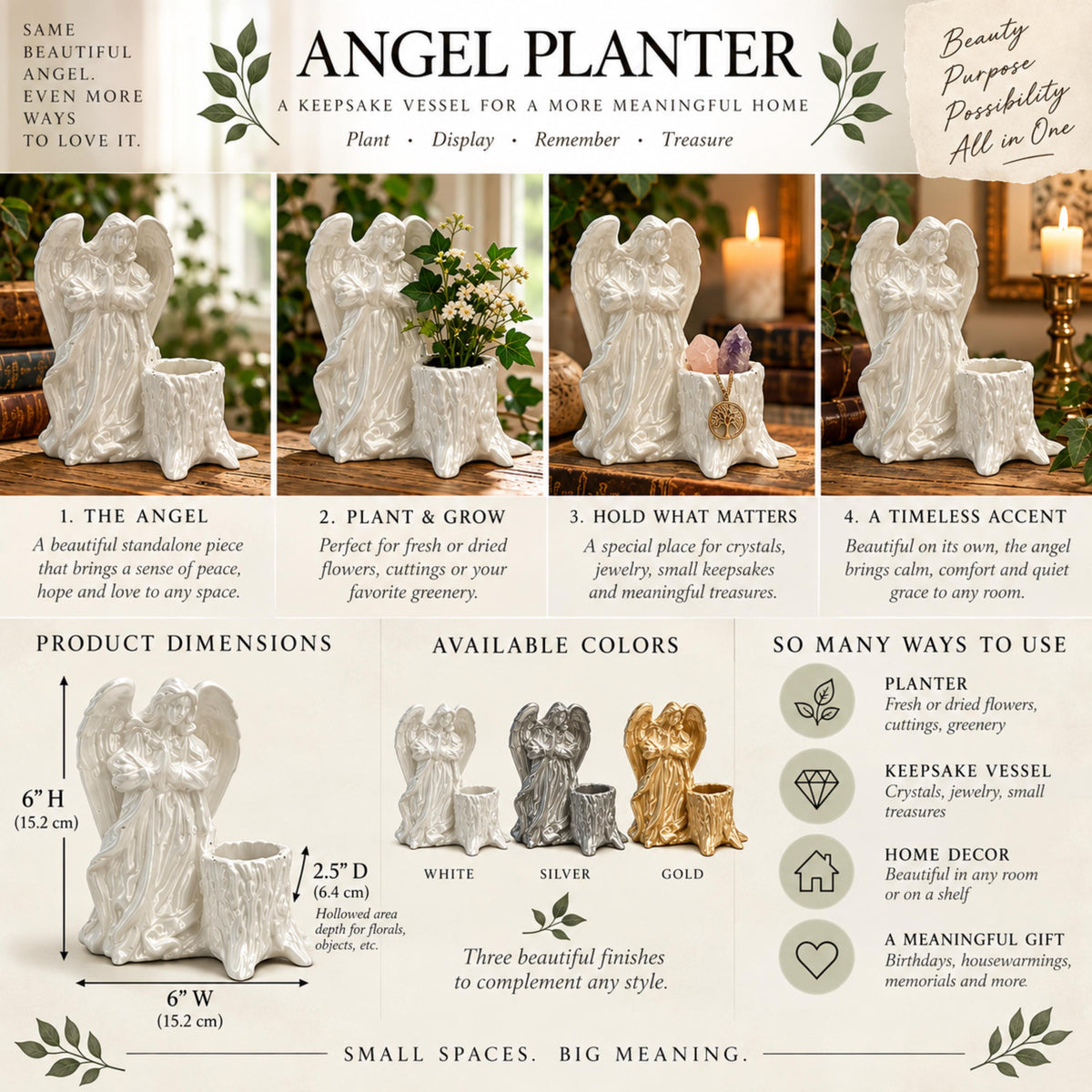 Silver Angel Keepsake Holder, Praying Angel Planter with Drainage, Remembrance Gift, Angel Home Decor