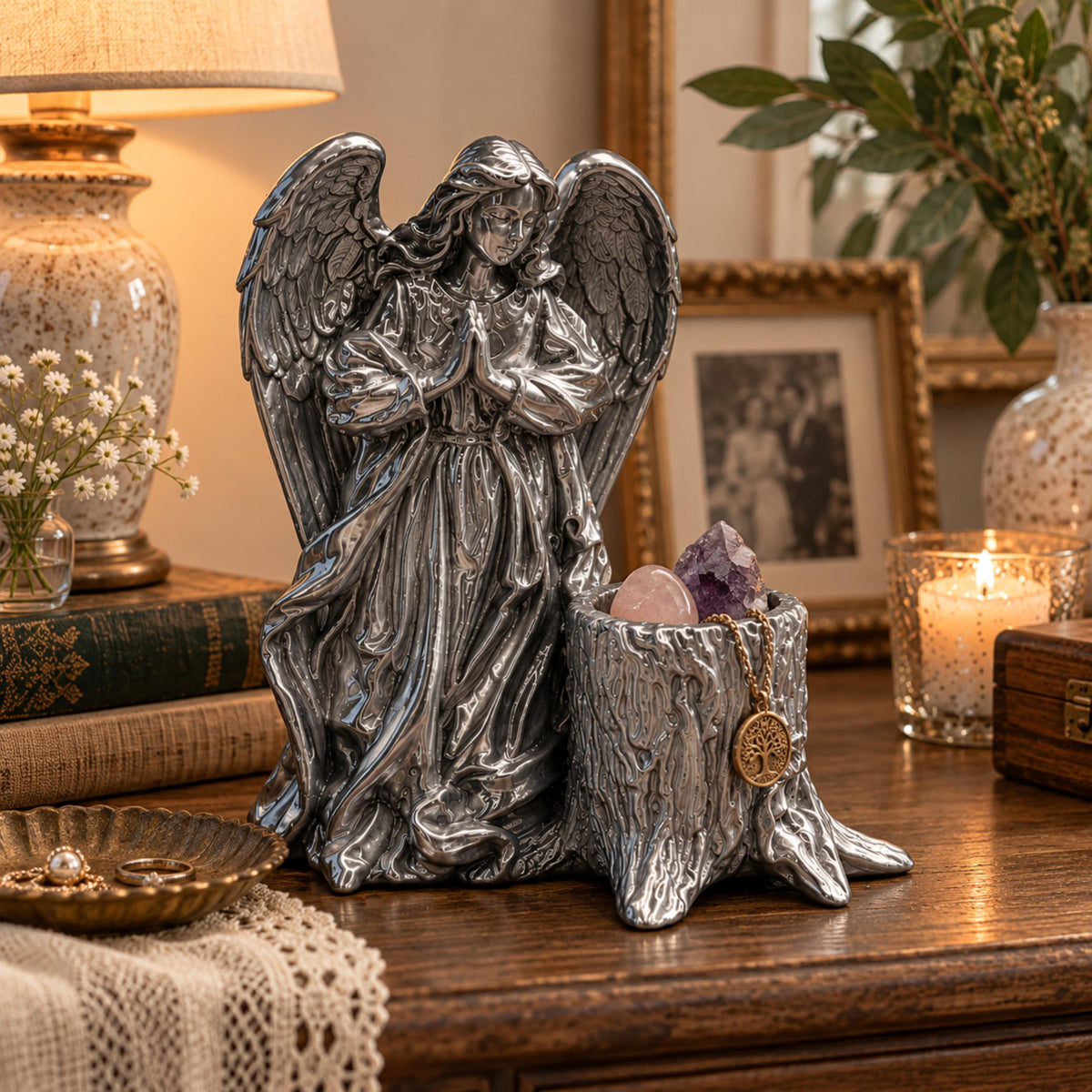 Silver Angel Keepsake Holder, Praying Angel Planter with Drainage, Remembrance Gift, Angel Home Decor