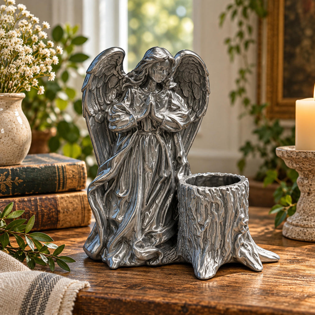 Silver Angel Keepsake Holder, Praying Angel Planter with Drainage, Remembrance Gift, Angel Home Decor