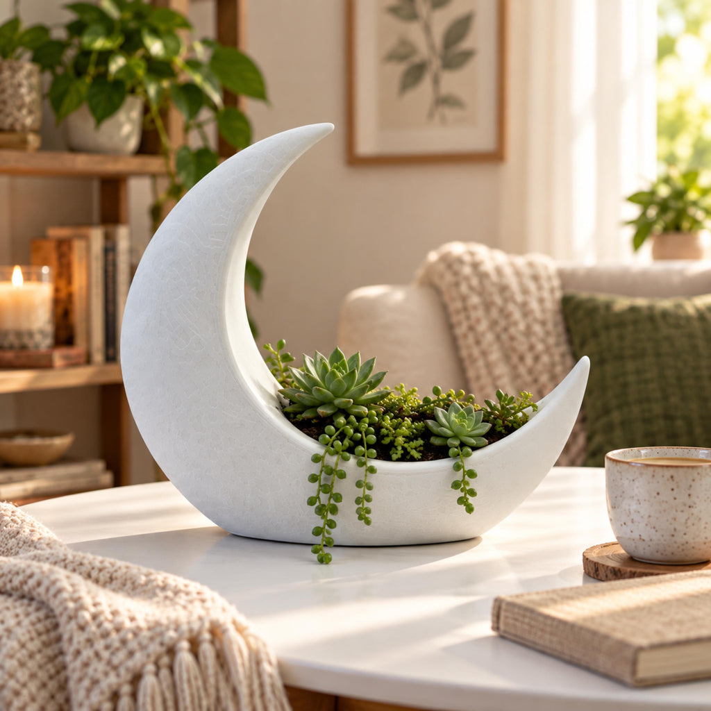 Crescent Moon Planter, White Celestial Decor, 3D Printed Botanical Propagation Keepsake Holder