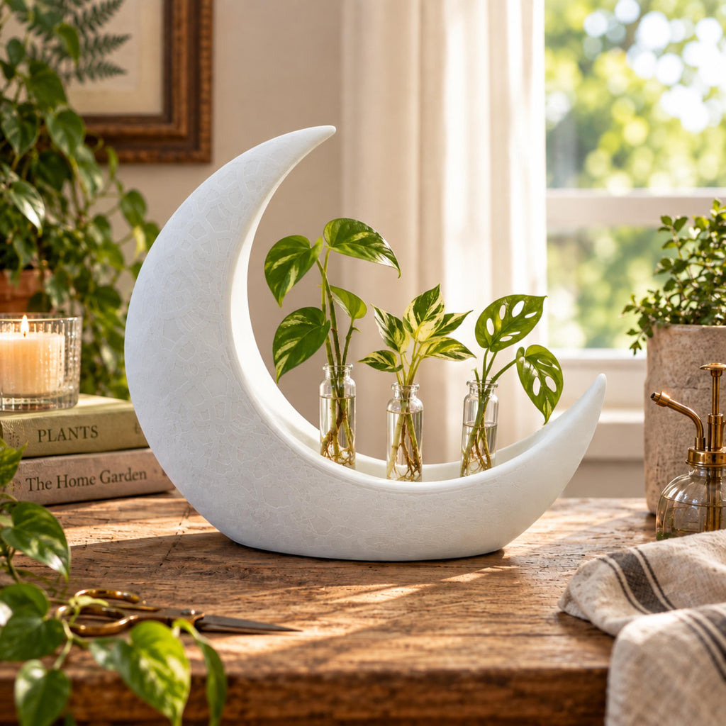 Crescent Moon Planter, White Celestial Decor, 3D Printed Botanical Propagation Keepsake Holder