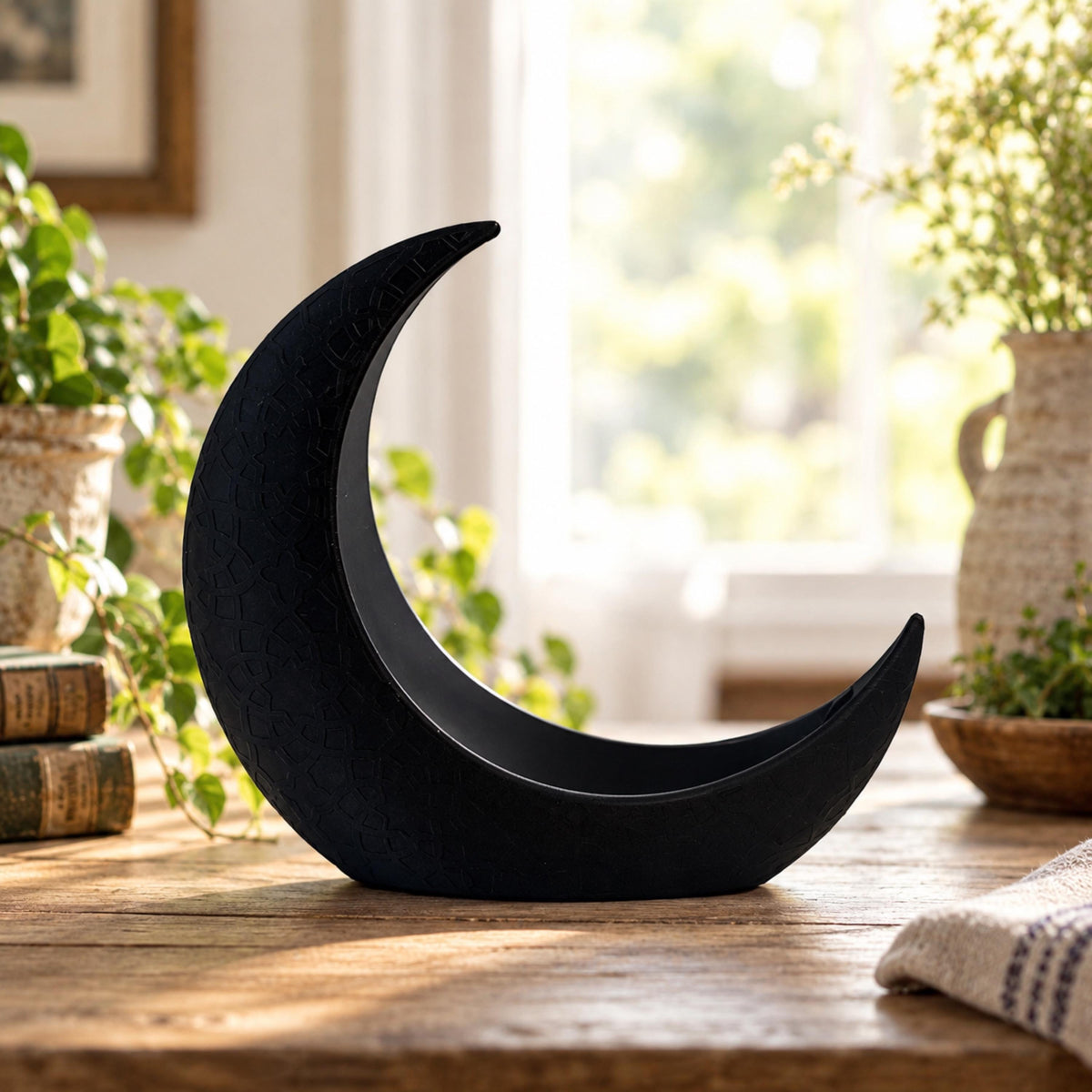 Black Crescent Moon Keepsake Holder, Celestial Home Decor, 3D Printed Jewelry Crystal Holder