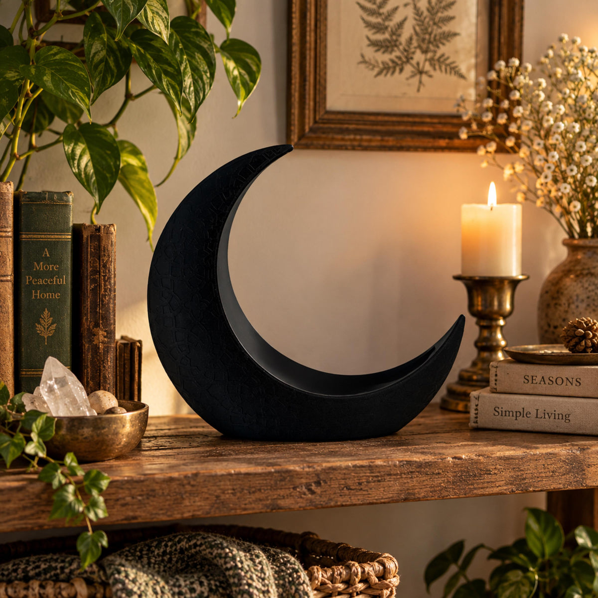 Black Crescent Moon Keepsake Holder, Celestial Home Decor, 3D Printed Jewelry Crystal Holder