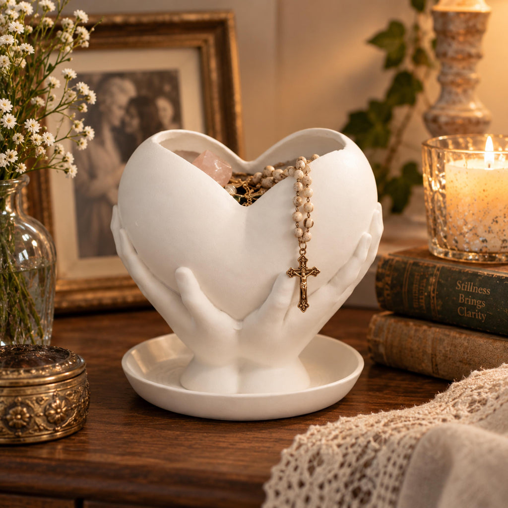 Small White Heart Plant Pot, Hands Holding Heart Planter, 3D Printed Keepsake Holder Gift
