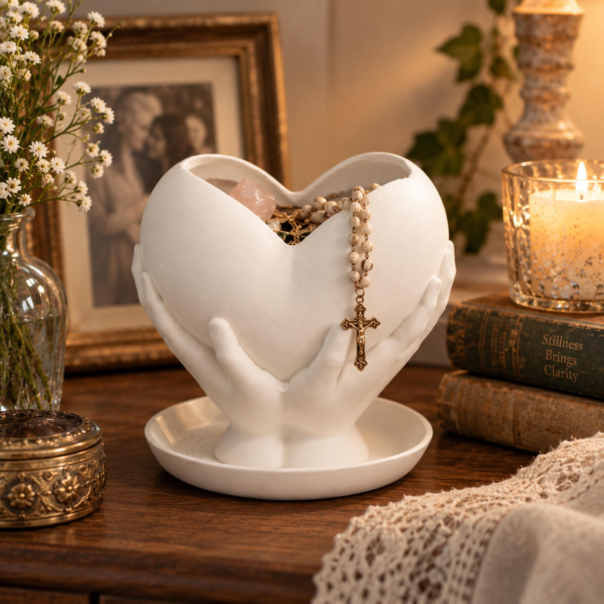 Black Heart Keepsake Holder with Hands, Small Planter with Drainage, Meaningful 3D Printed Gift
