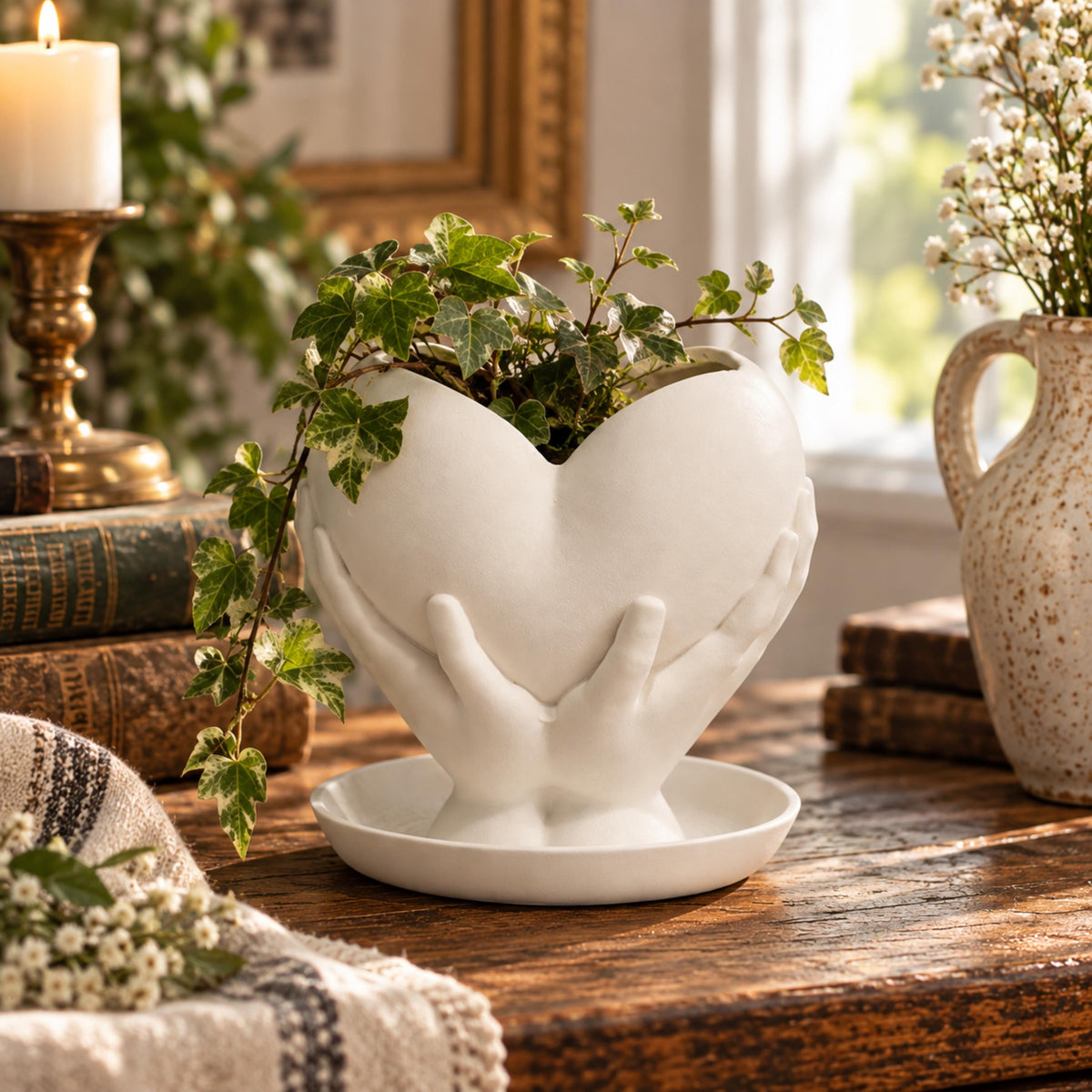Black Heart Keepsake Holder with Hands, Small Planter with Drainage, Meaningful 3D Printed Gift