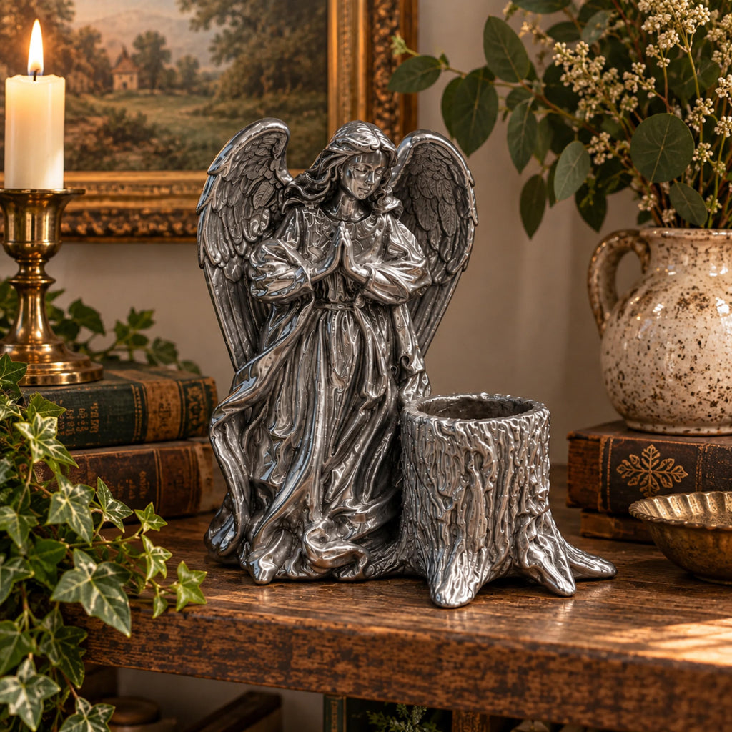 Silver Angel Keepsake Holder, Praying Angel Planter with Drainage, Remembrance Gift, Angel Home Decor