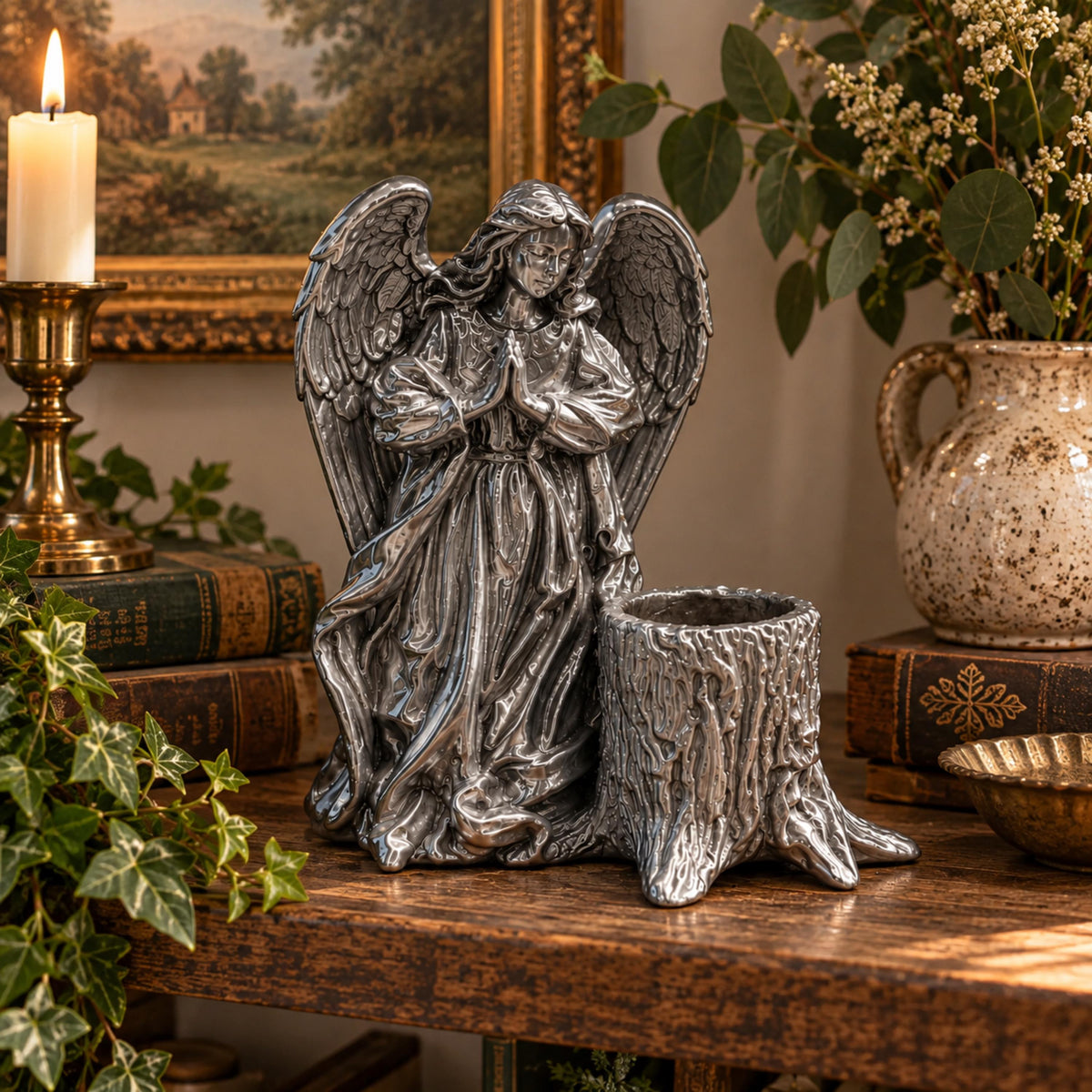 Silver Angel Keepsake Holder, Praying Angel Planter with Drainage, Remembrance Gift, Angel Home Decor