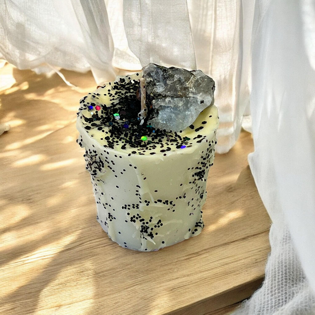 Intention Votive Drip Candle: Moonstone Crystal with Black Glitter Drip - Winterberry Hearth