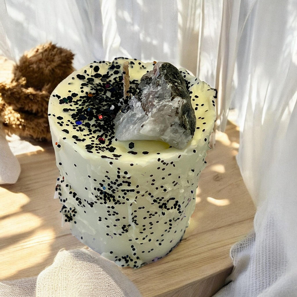 Intention Votive Drip Candle: Moonstone Crystal with Black Glitter Drip - Winterberry Hearth