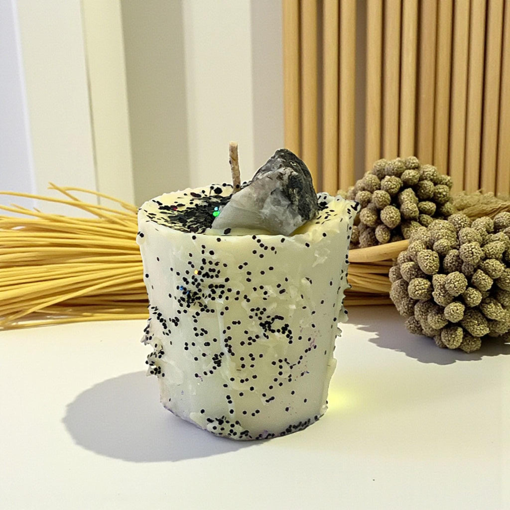 Intention Votive Drip Candle: Moonstone Crystal with Black Glitter Drip - Winterberry Hearth