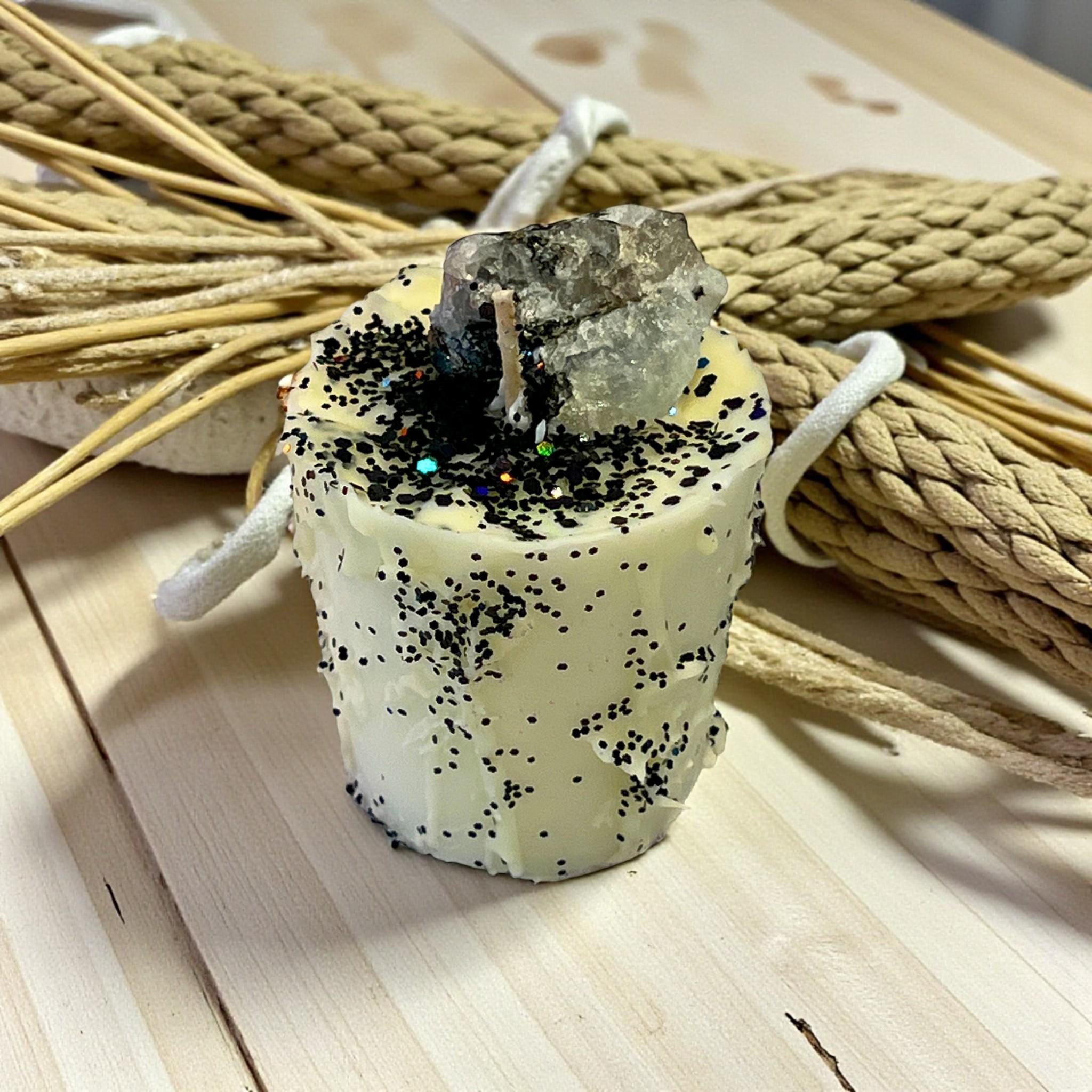 Intention Votive Drip Candle: Moonstone Crystal with Black Glitter Drip - Winterberry Hearth