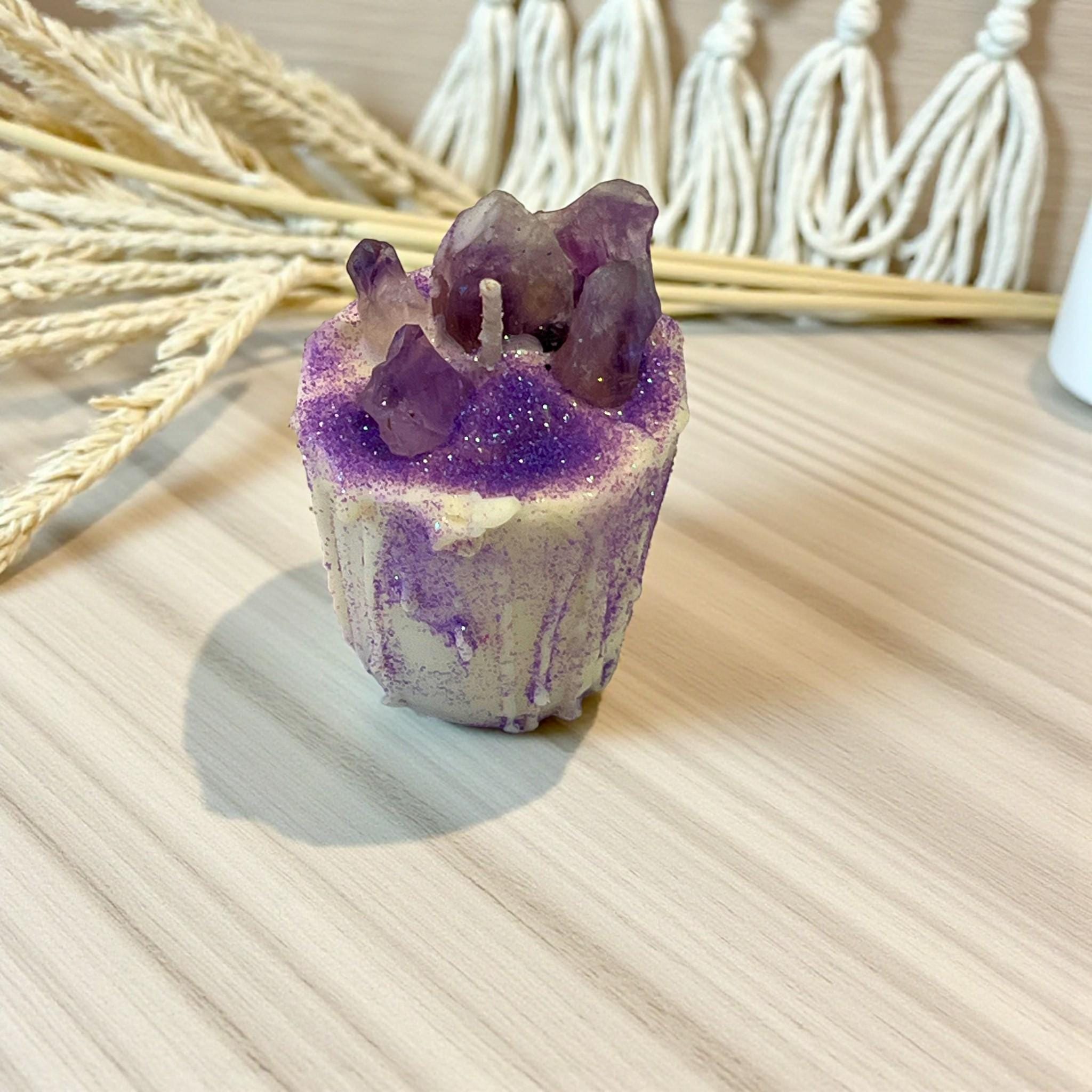 Intentional Soy Votive Drip Candle: Amethyst Crystal with Purple Glitter - Winterberry Hearth
