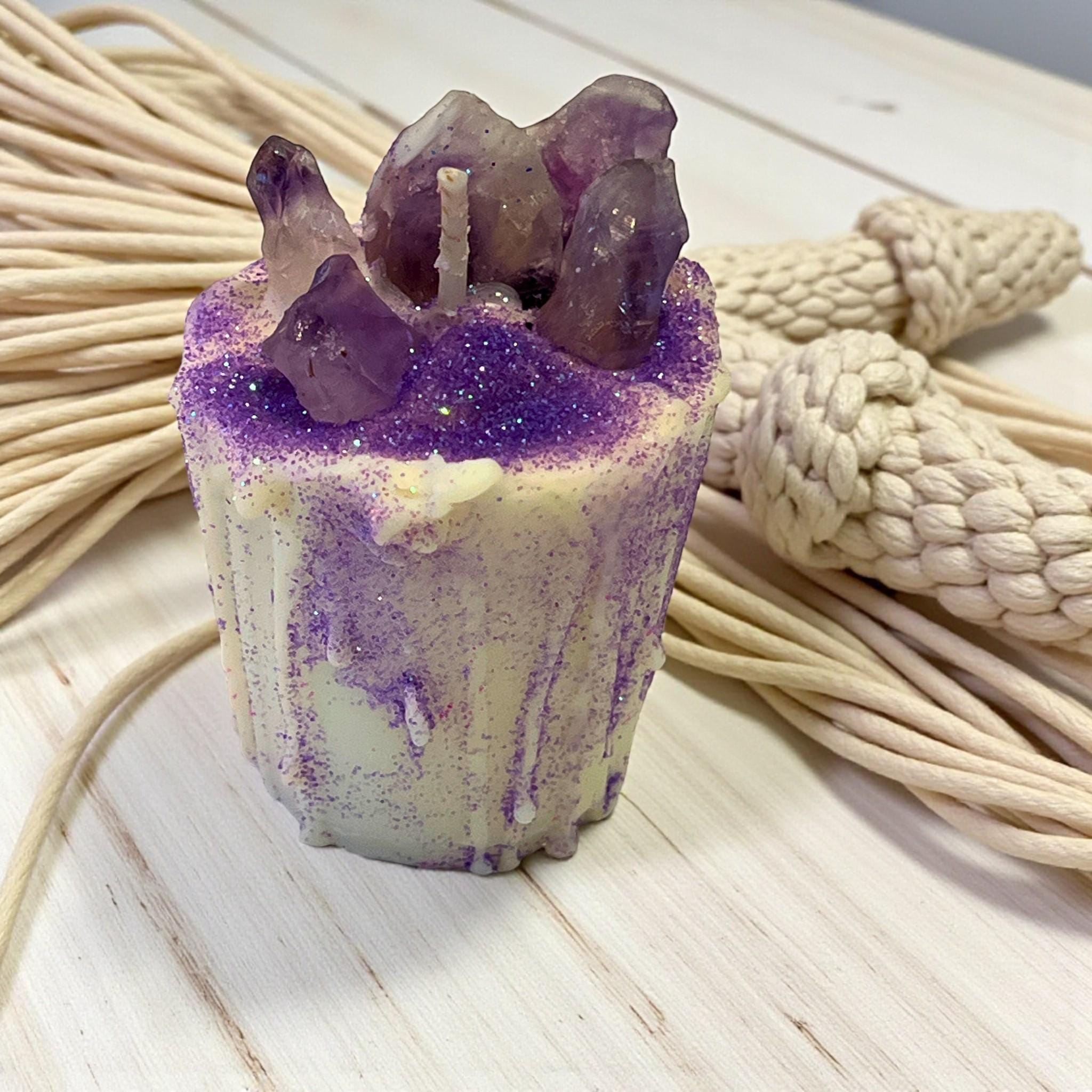 Intentional Soy Votive Drip Candle: Amethyst Crystal with Purple Glitter - Winterberry Hearth