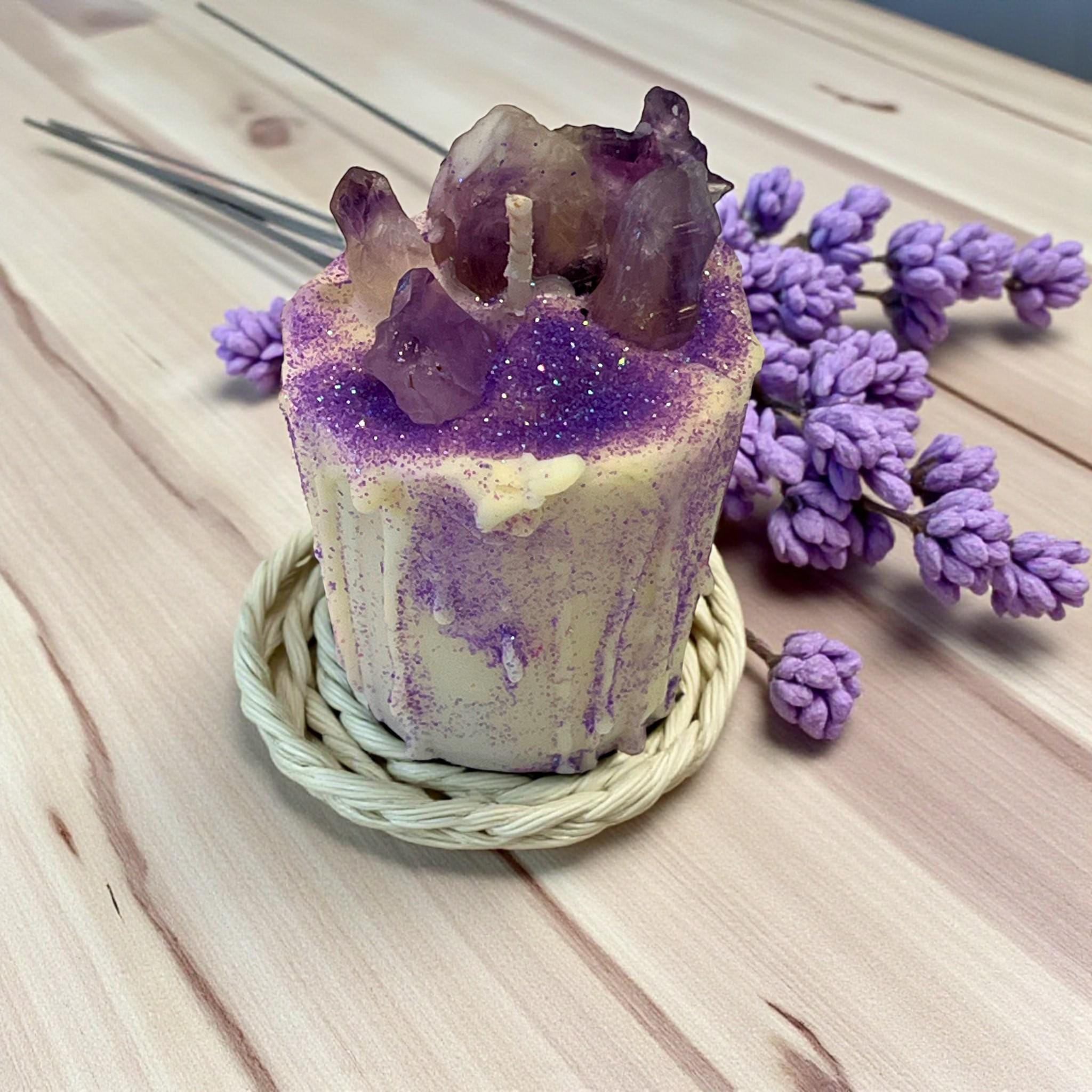 Intentional Soy Votive Drip Candle: Amethyst Crystal with Purple Glitter - Winterberry Hearth