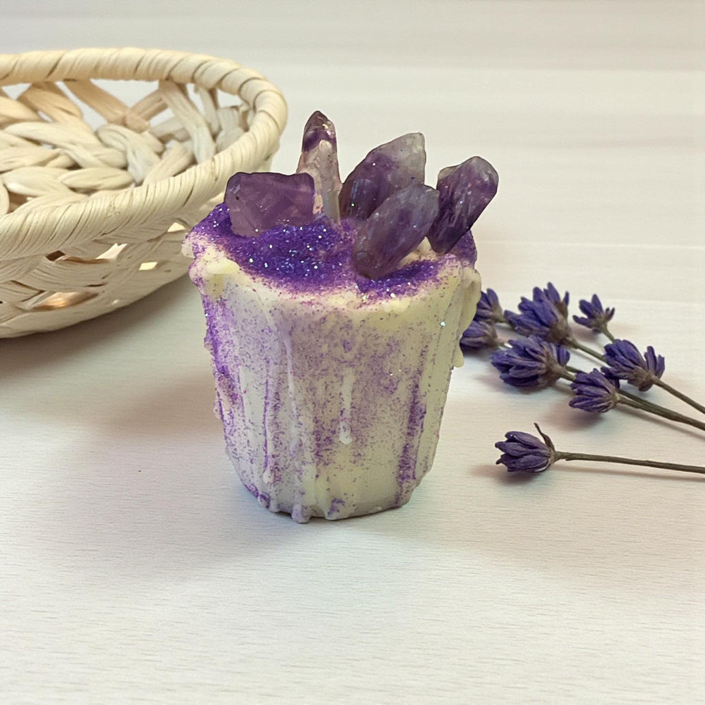 Intentional Soy Votive Drip Candle: Amethyst Crystal with Purple Glitter - Winterberry Hearth