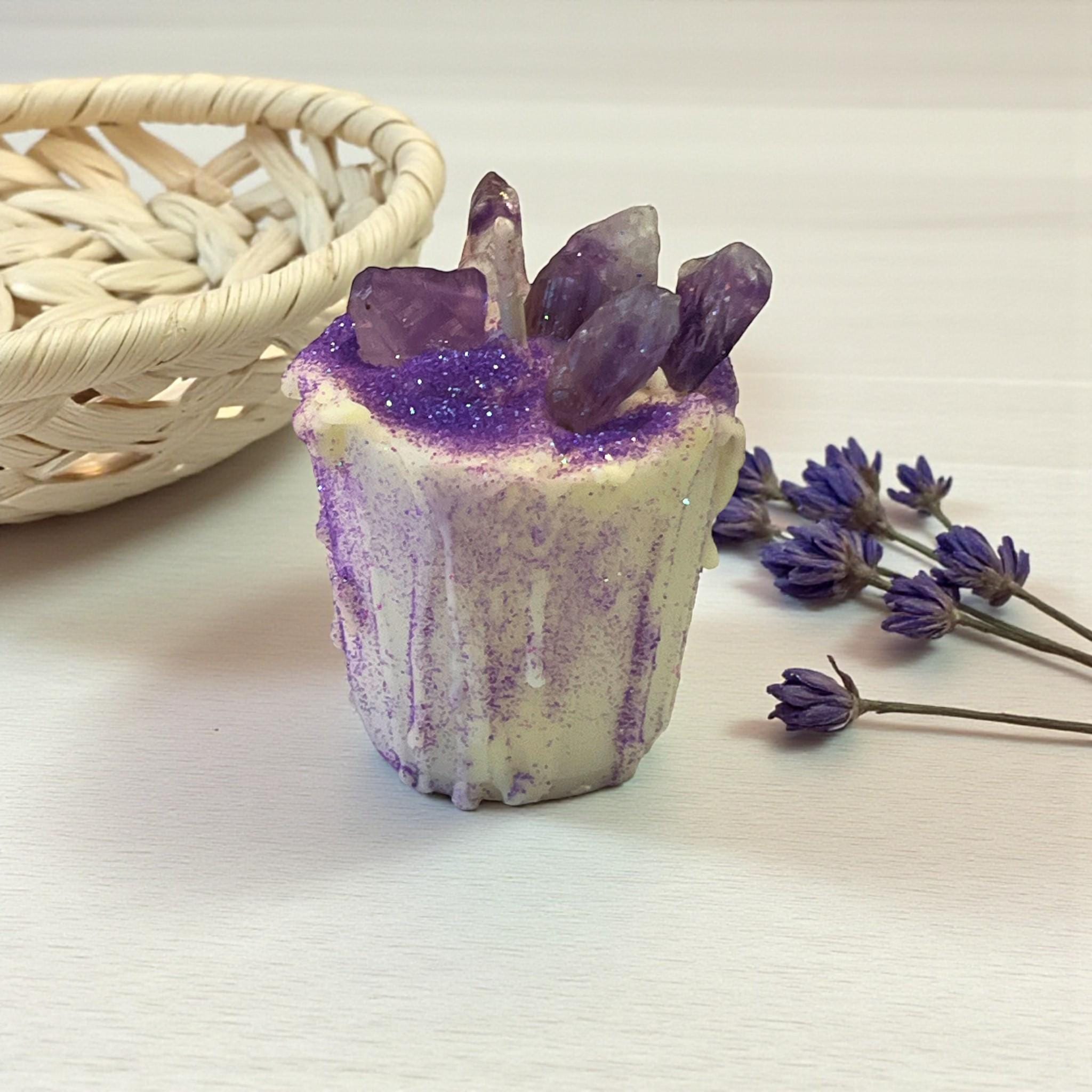 Intentional Soy Votive Drip Candle: Amethyst Crystal with Purple Glitter - Winterberry Hearth
