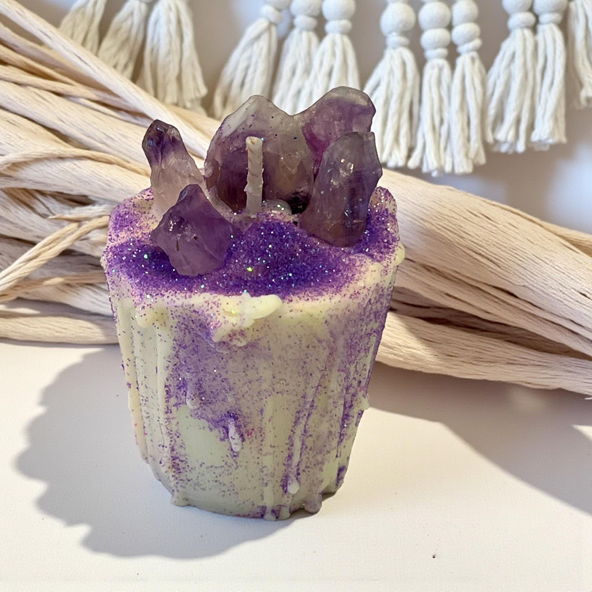 Intentional Soy Votive Drip Candle: Amethyst Crystal with Purple Glitter - Winterberry Hearth