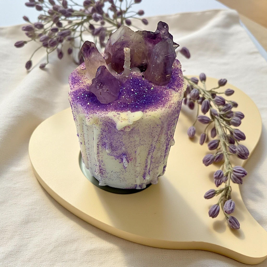 Intentional Soy Votive Drip Candle: Amethyst Crystal with Purple Glitter - Winterberry Hearth