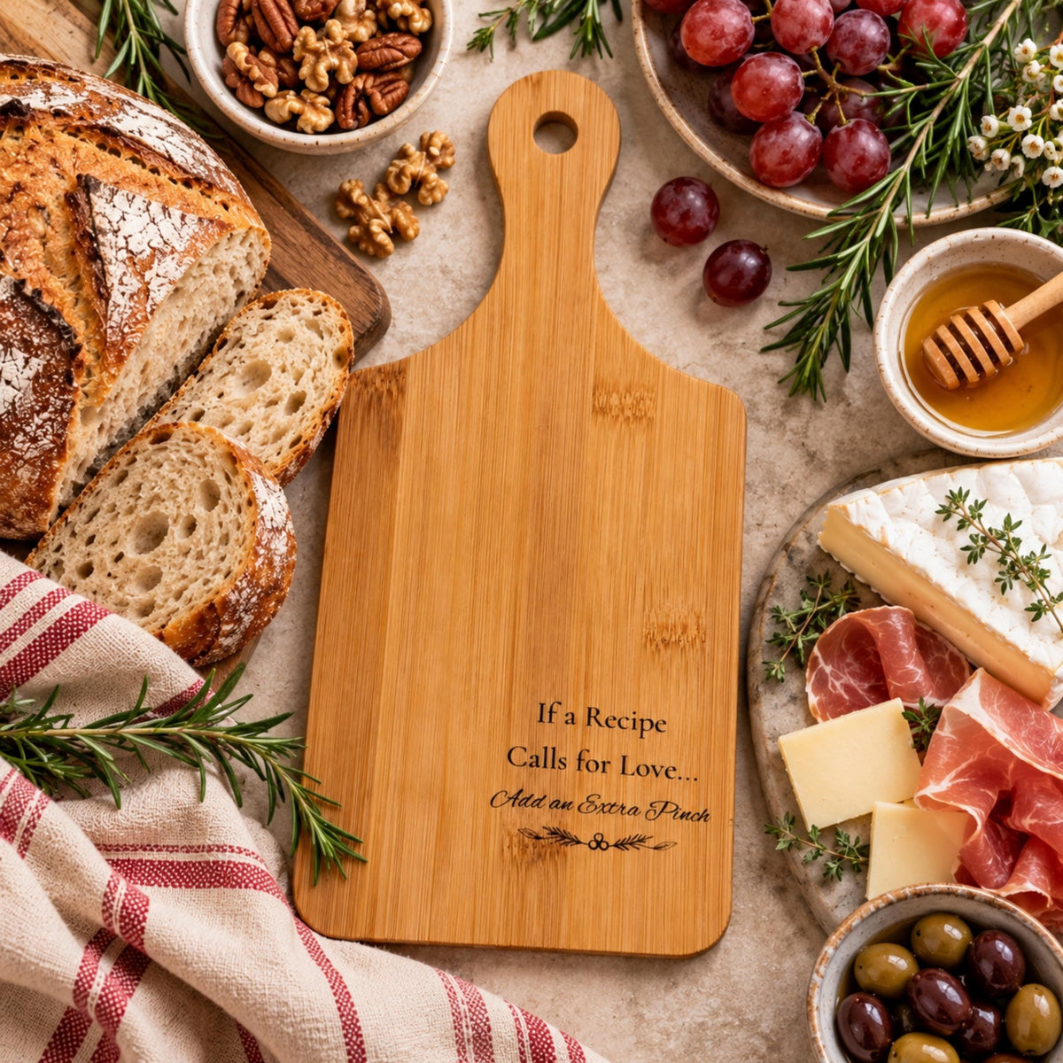 Laser-Engraved Bamboo Cutting Board with Handle, Wooden Serving Platter, Rustic Charcuterie Board - Winterberry Hearth