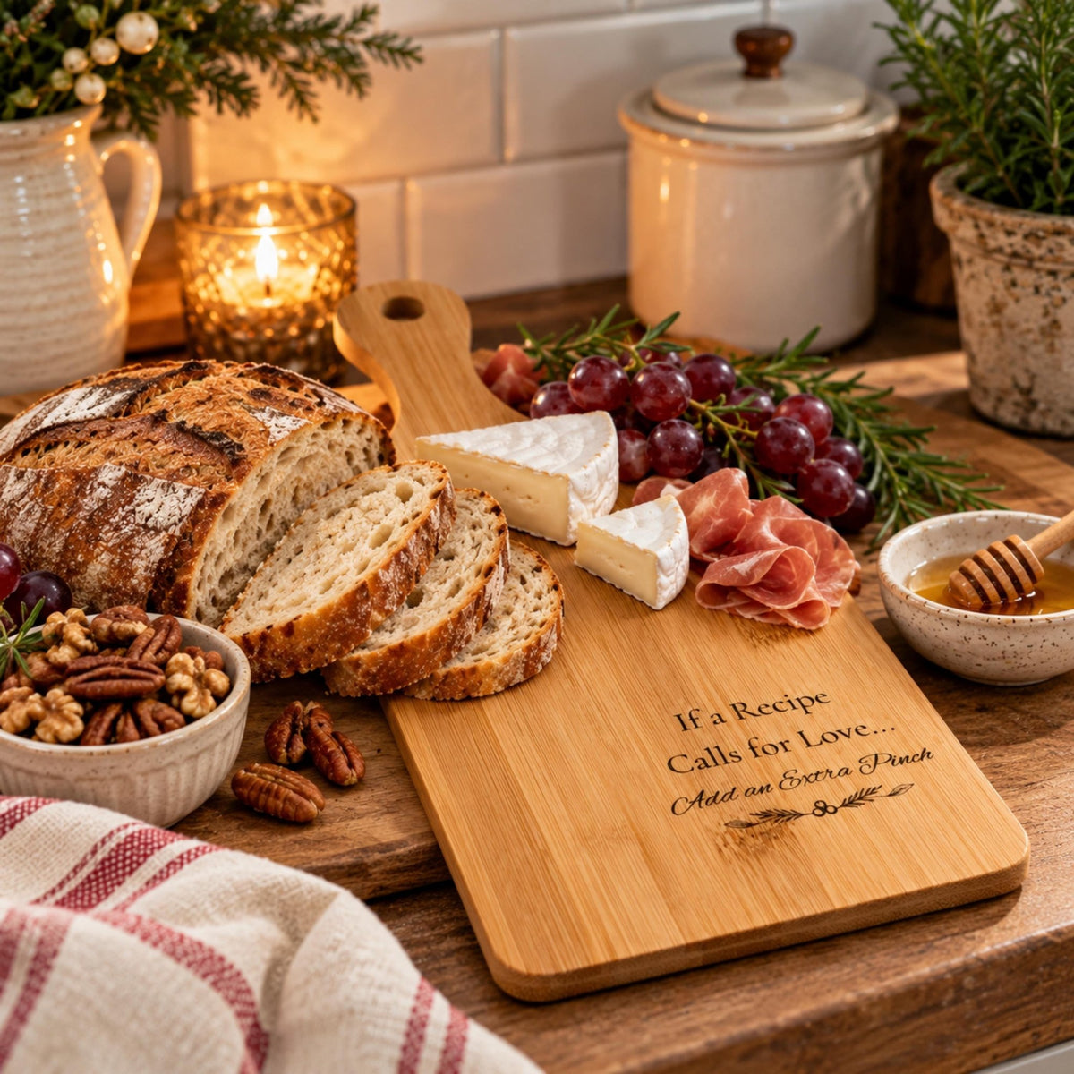 Laser-Engraved Bamboo Cutting Board with Handle, Wooden Serving Platter, Rustic Charcuterie Board - Winterberry Hearth