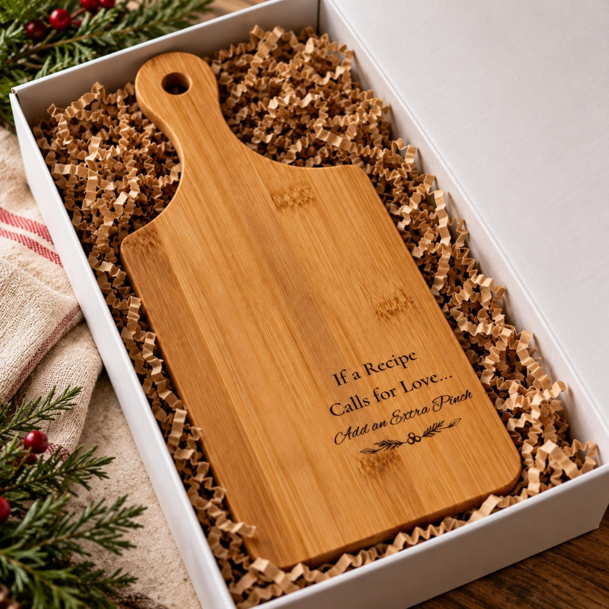 Laser-Engraved Bamboo Cutting Board with Handle, Wooden Serving Platter, Rustic Charcuterie Board - Winterberry Hearth