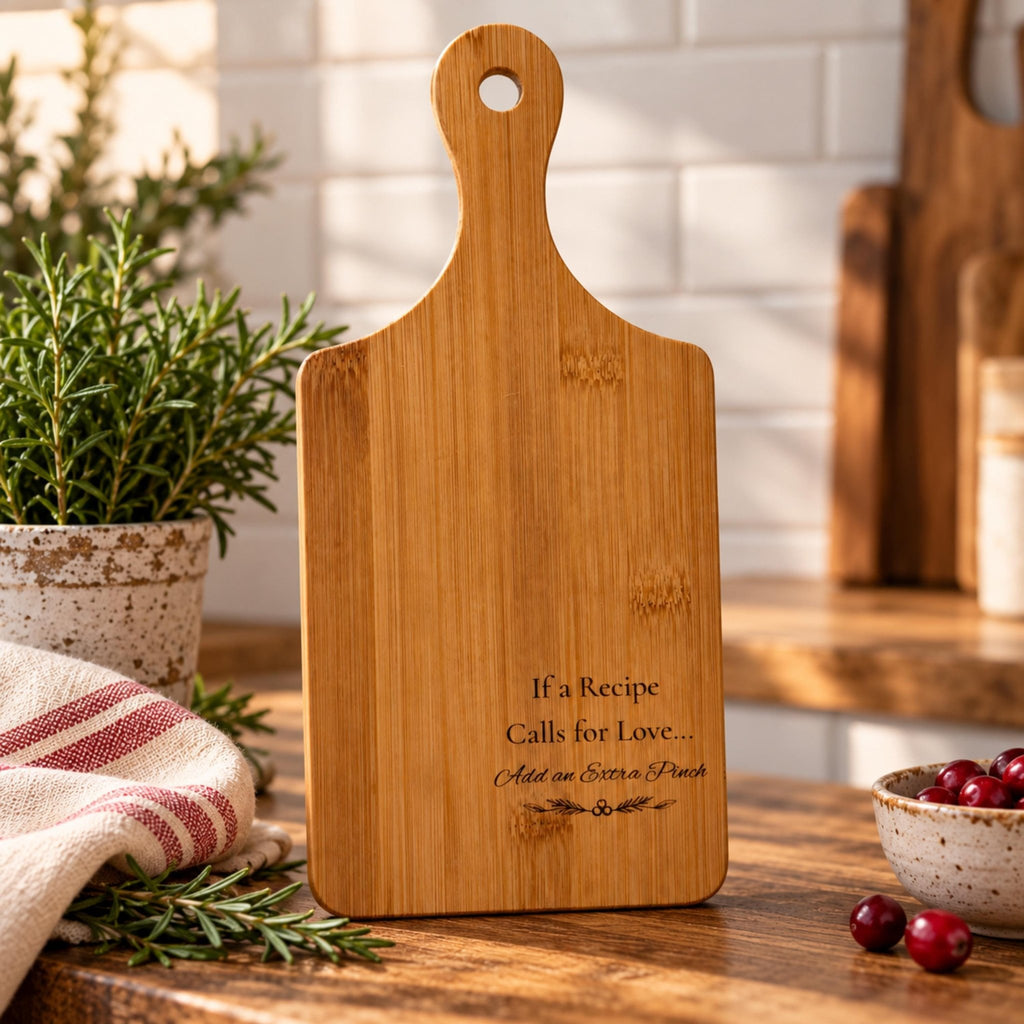 Laser-Engraved Bamboo Cutting Board with Handle, Wooden Serving Platter, Rustic Charcuterie Board - Winterberry Hearth