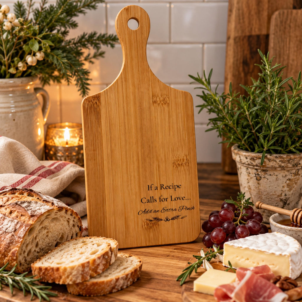 Laser-Engraved Bamboo Cutting Board with Handle, Wooden Serving Platter, Rustic Charcuterie Board - Winterberry Hearth