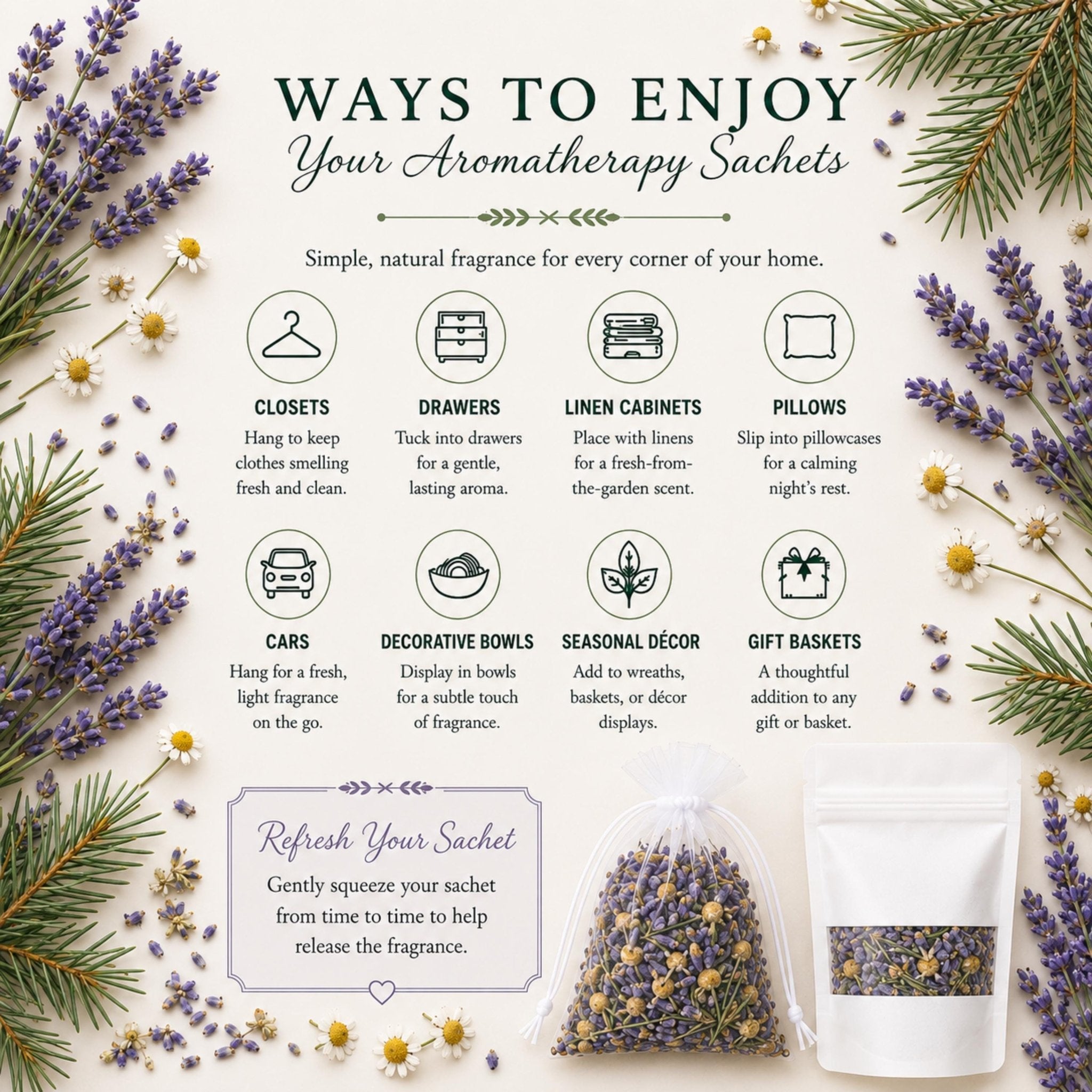 Lavender Pine Home Fragrance Sachet, Winter Sanctuary Bedroom Scents, Botanical Pillow Pouch - Winterberry Hearth