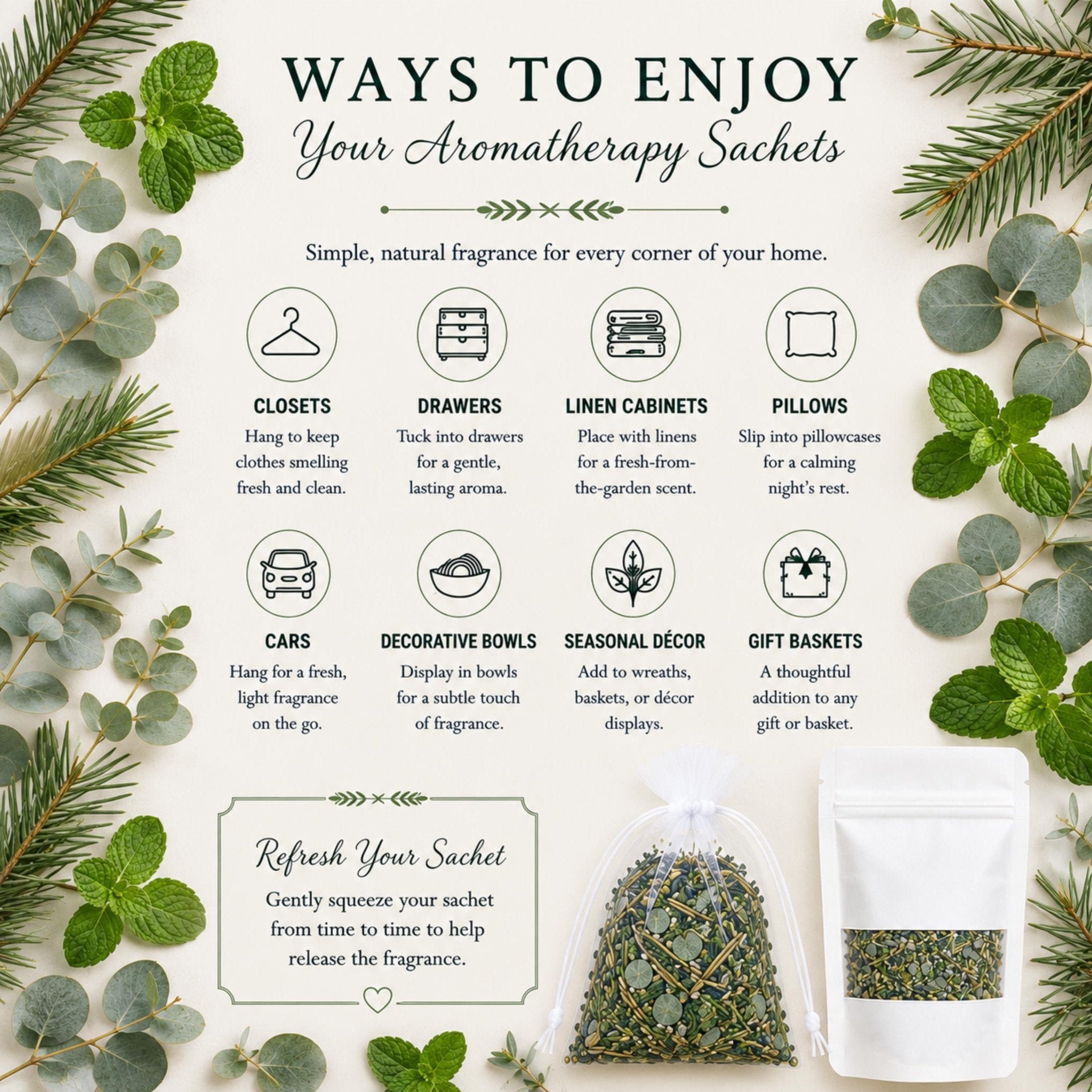 Mint Evergreen Home Fragrance Sachet, Frosted Forest Potpourri Bag, Pine Eucalyptus, Woodland Gift - Winterberry Hearth