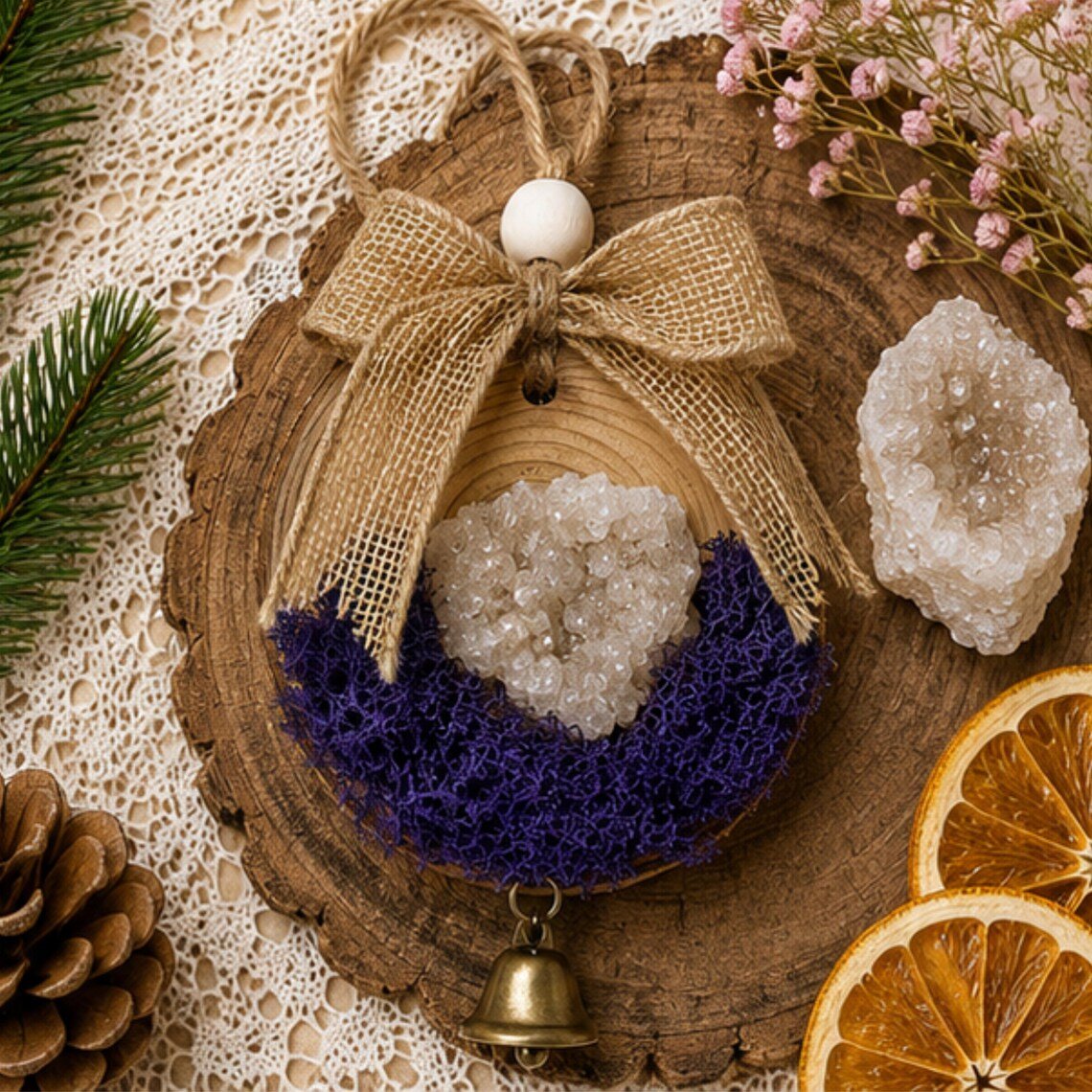 Moroccan Geode Crystal Ornament, Cottagecore Bell Christmas Tree Decor - Winterberry Hearth