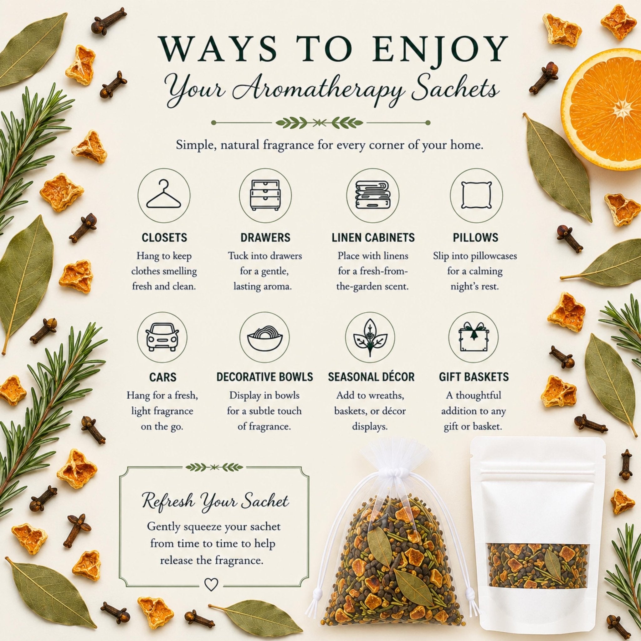 Old World Christmas Sachet, Botanical Home Fragrance, Orange Clove Rosemary, Winter Aromatherapy Gift - Winterberry Hearth